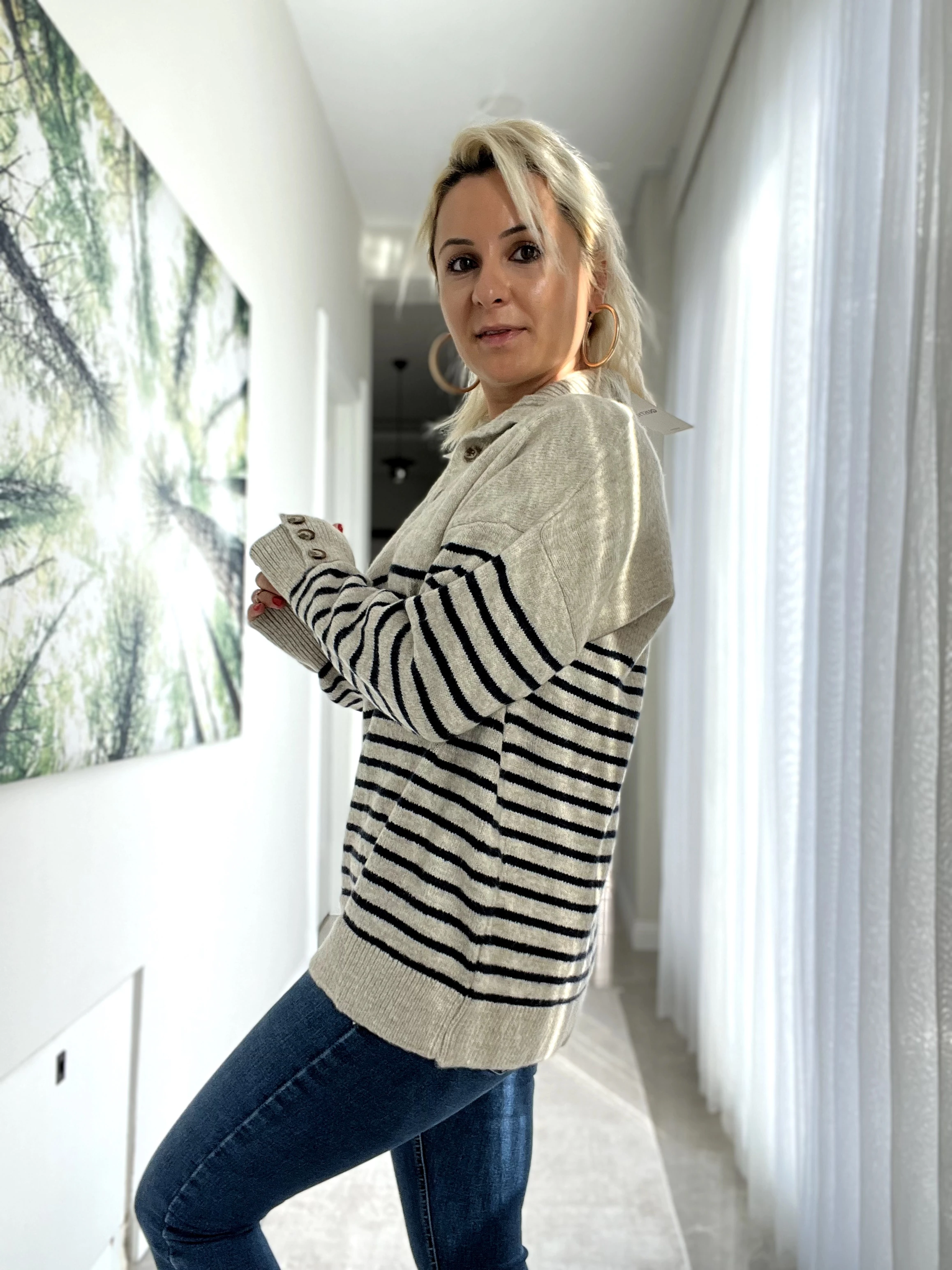 Lacivert Çizgili Düğme Kazak