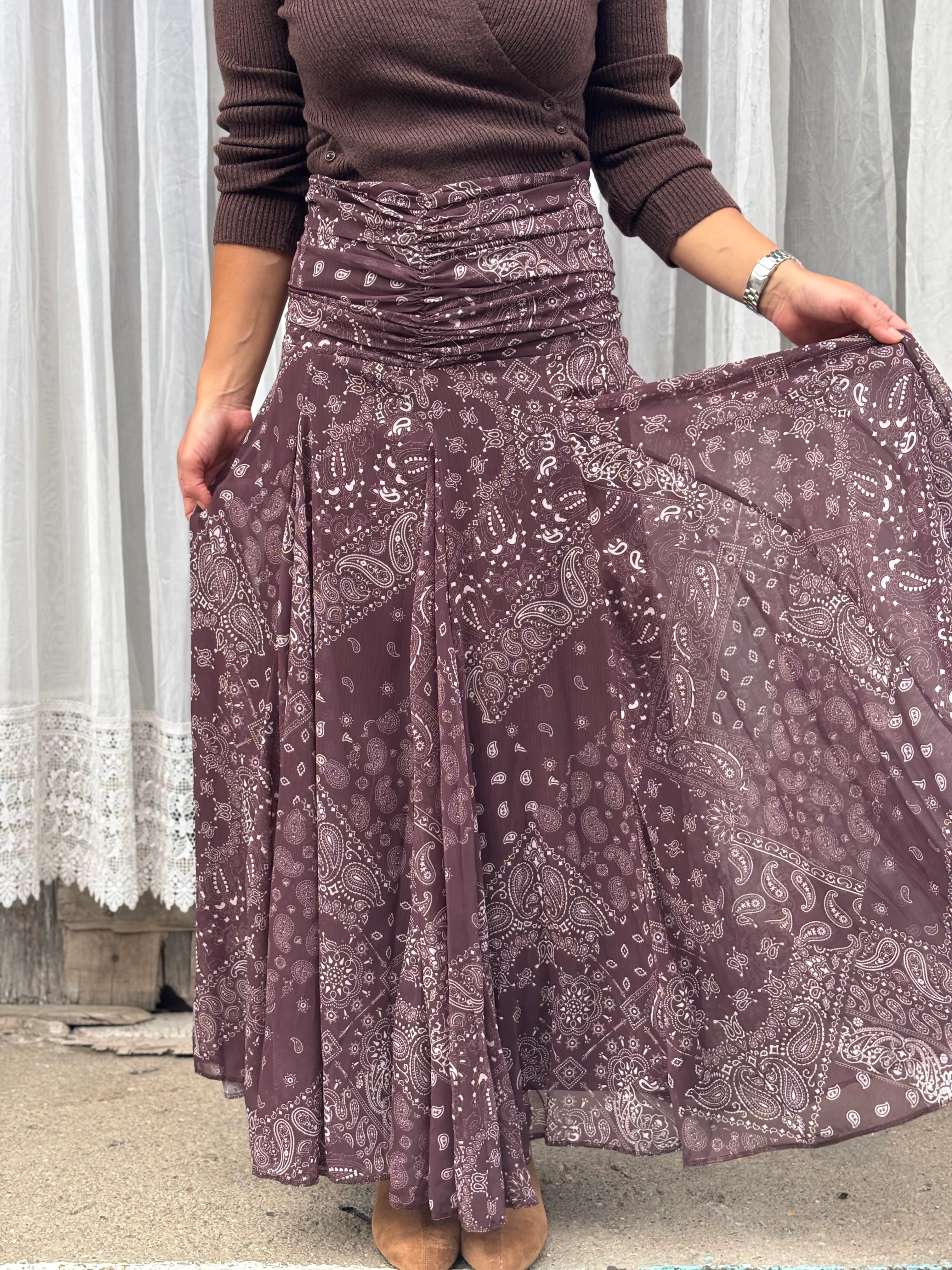 Şal Desen Şifon Etek Kahve