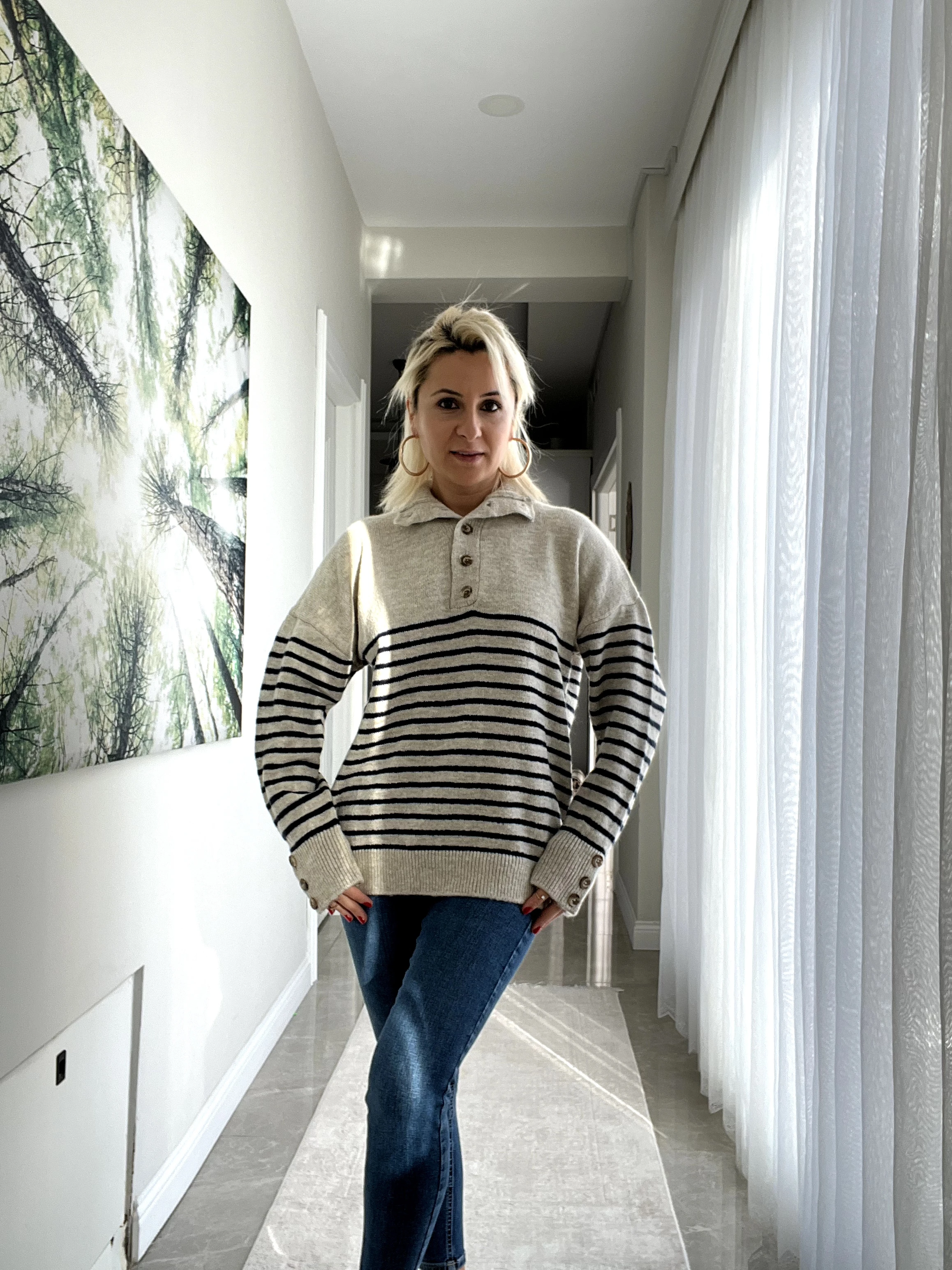 Lacivert Çizgili Düğme Kazak