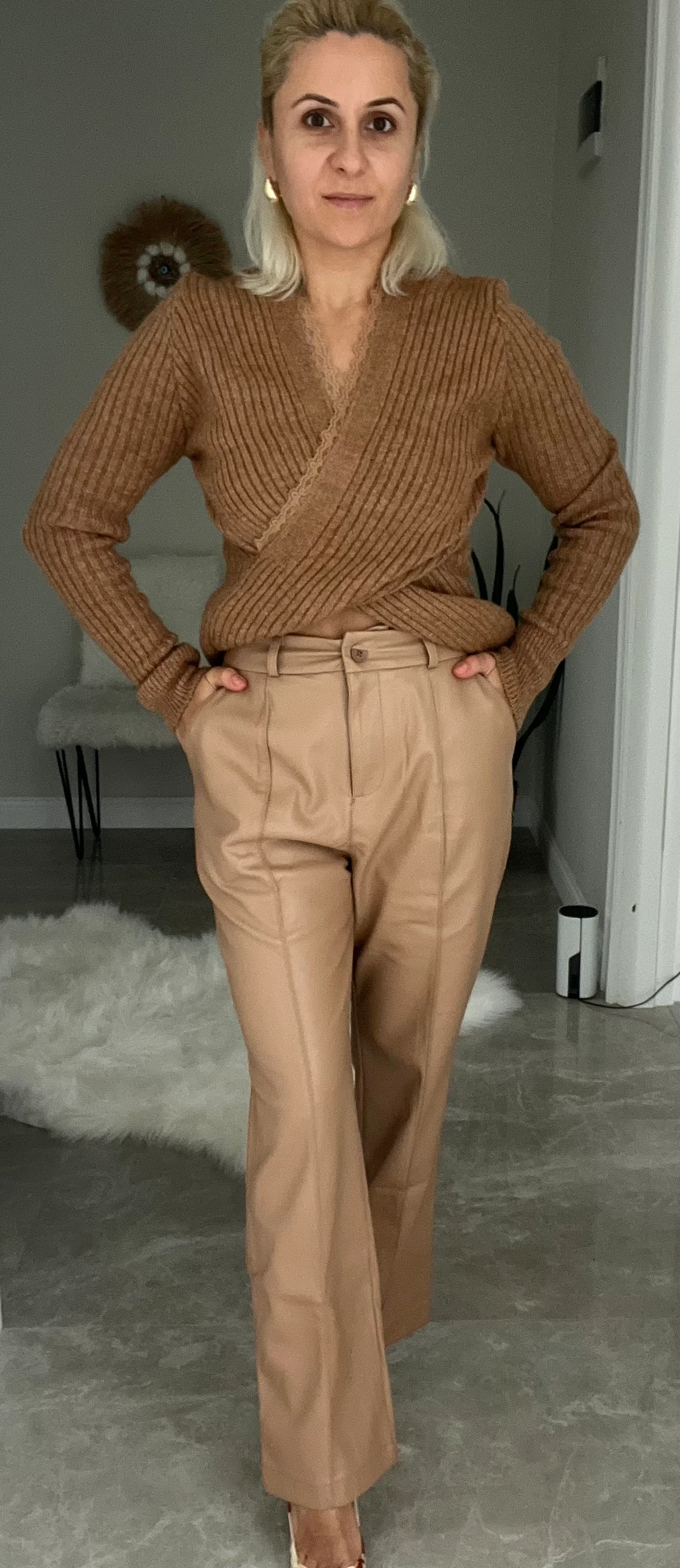 Camel Renk Deri Pantolon