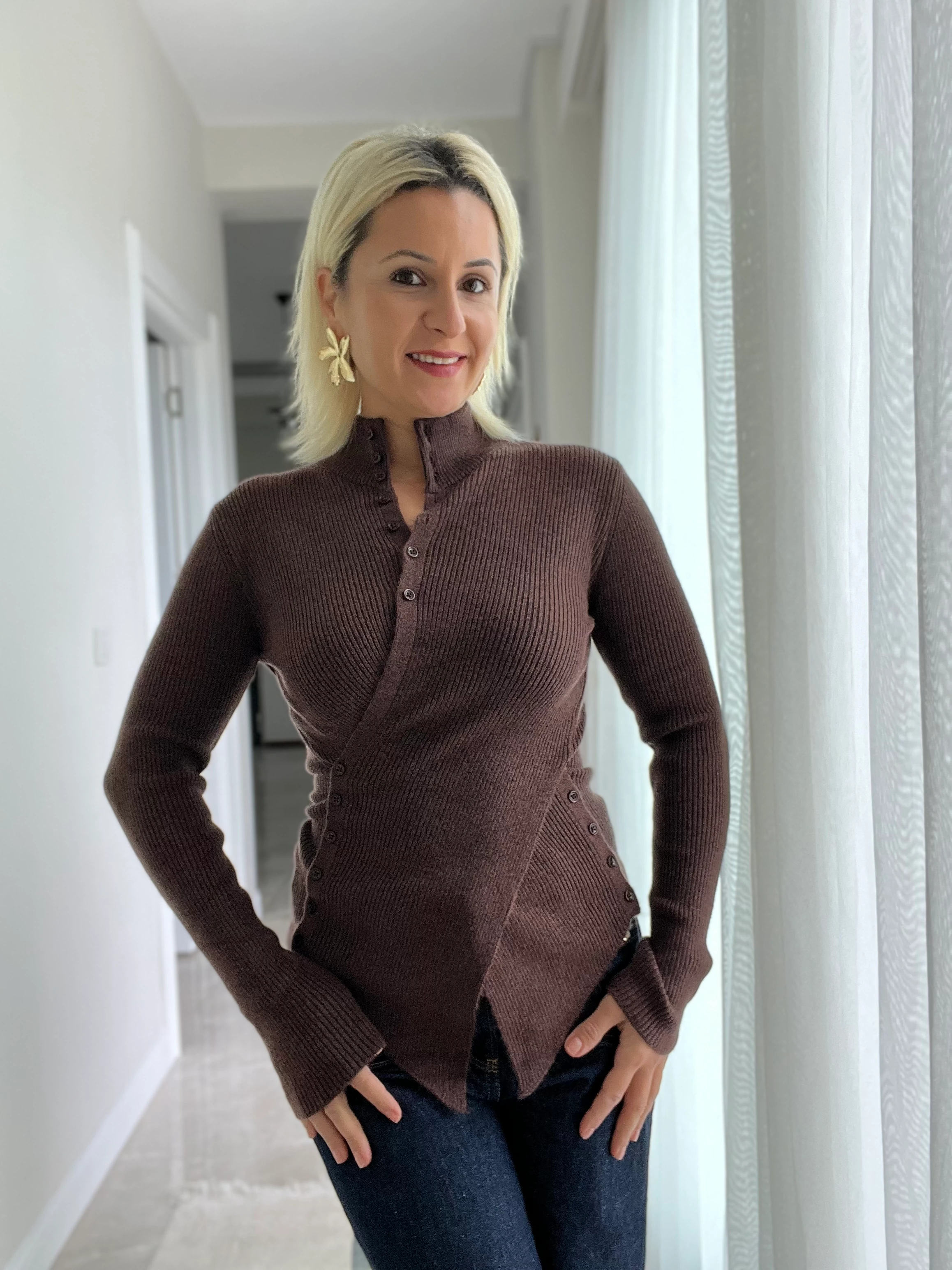 Yan Düğmeli Kazak Kahve