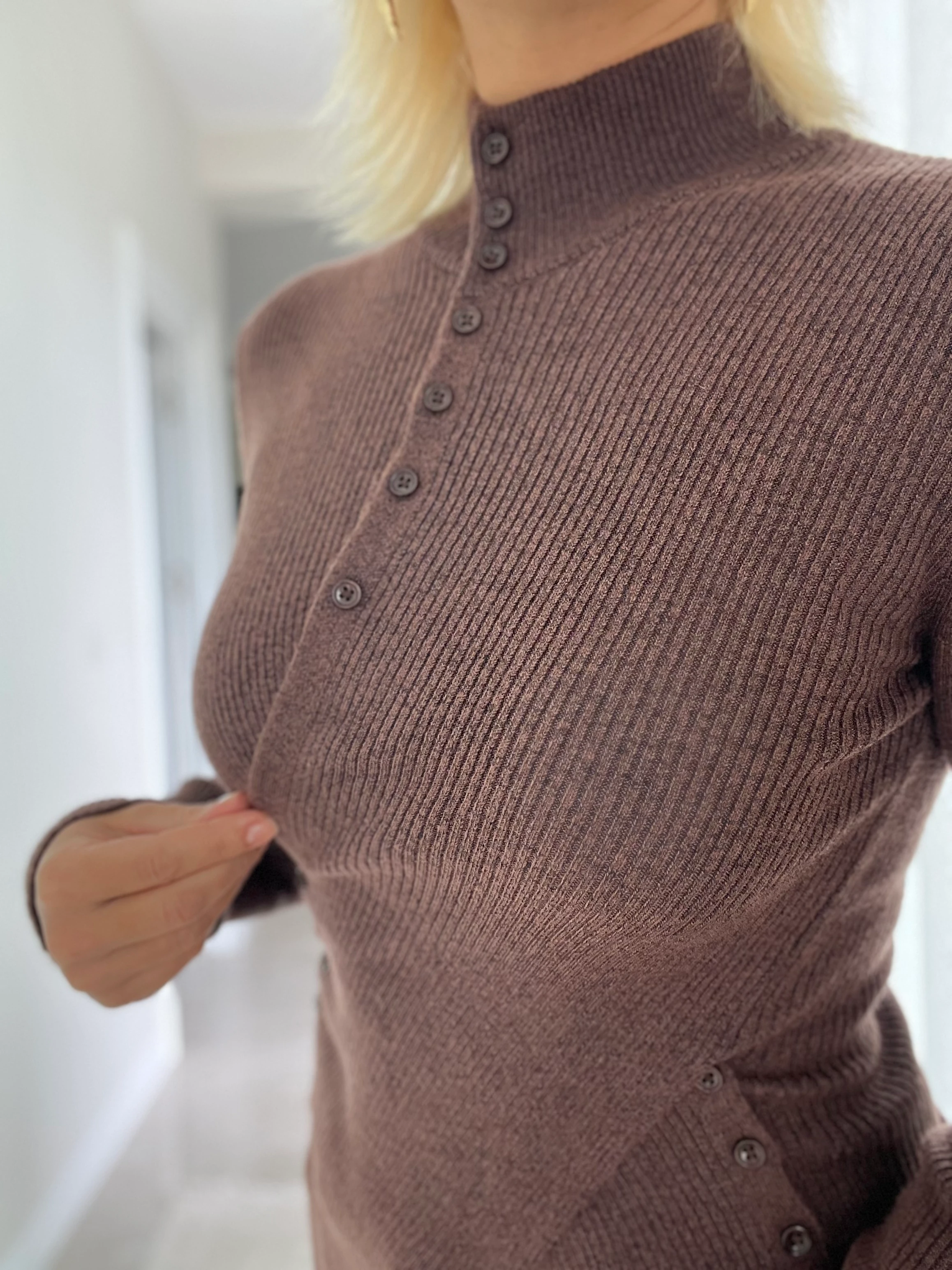 Yan Düğmeli Kazak Kahve