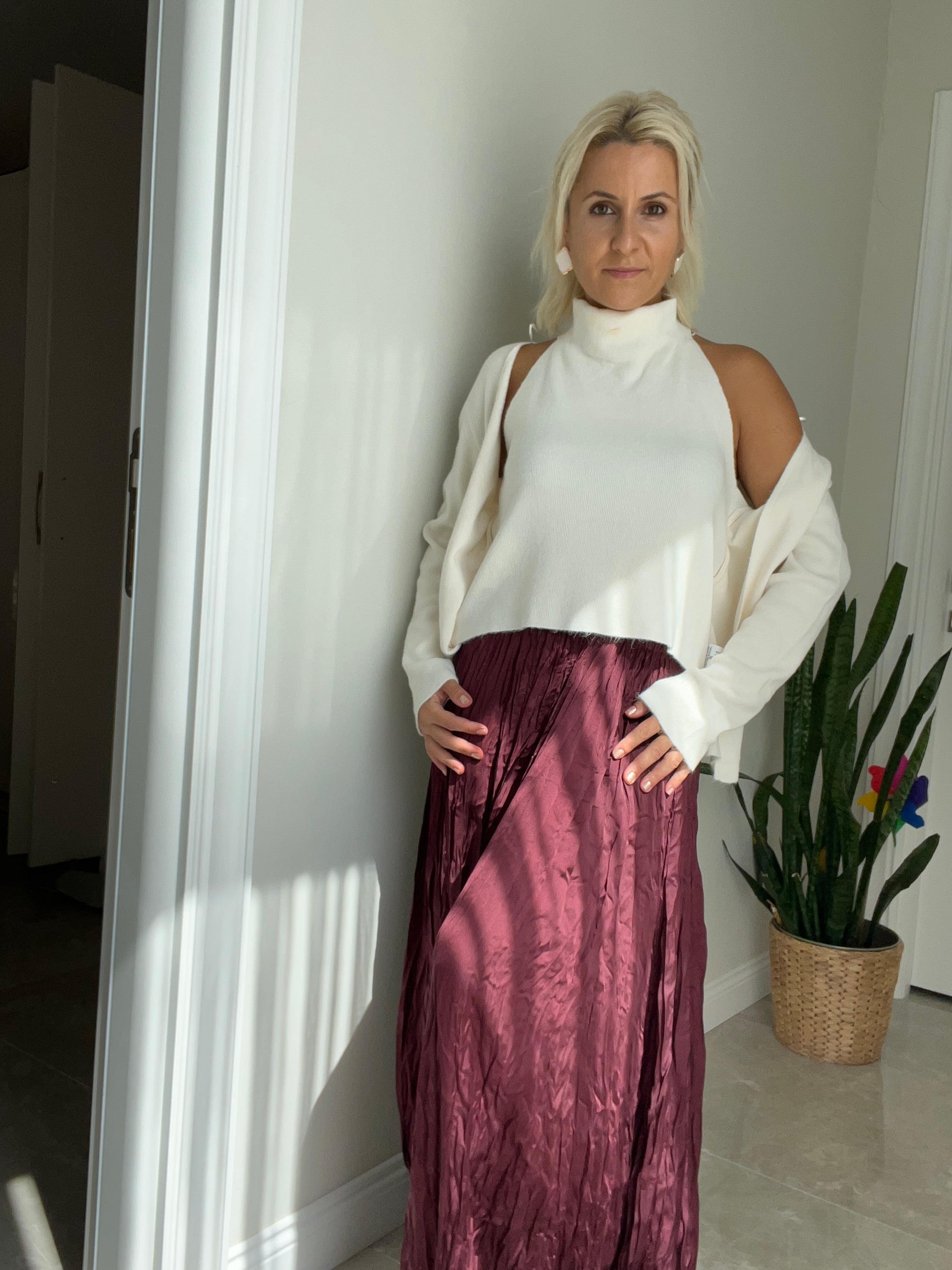Saten Kırışık Kumaş Etek Bordo