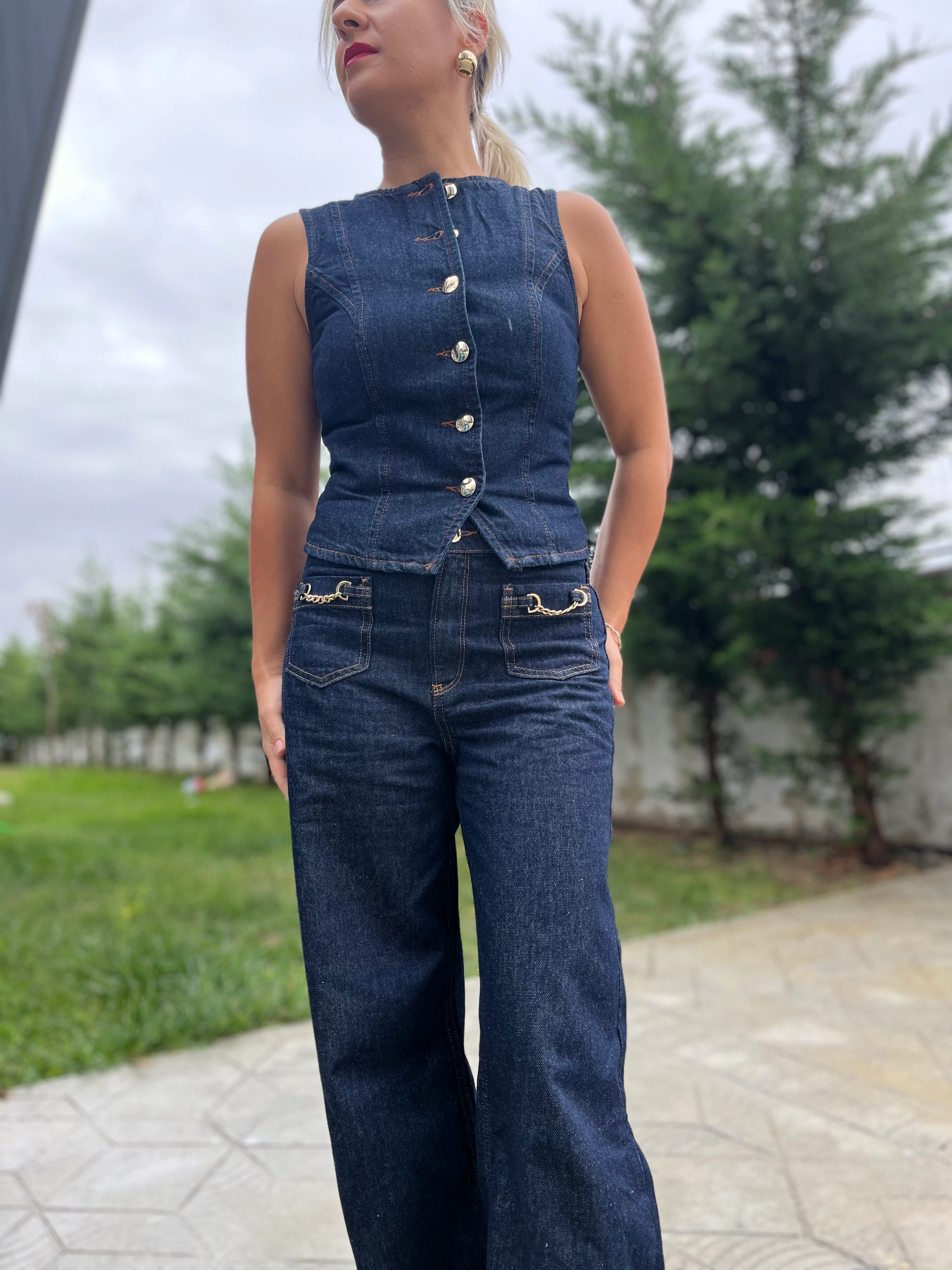 Rins Yıkamalı Gold Düğme Detay Denim Yelek