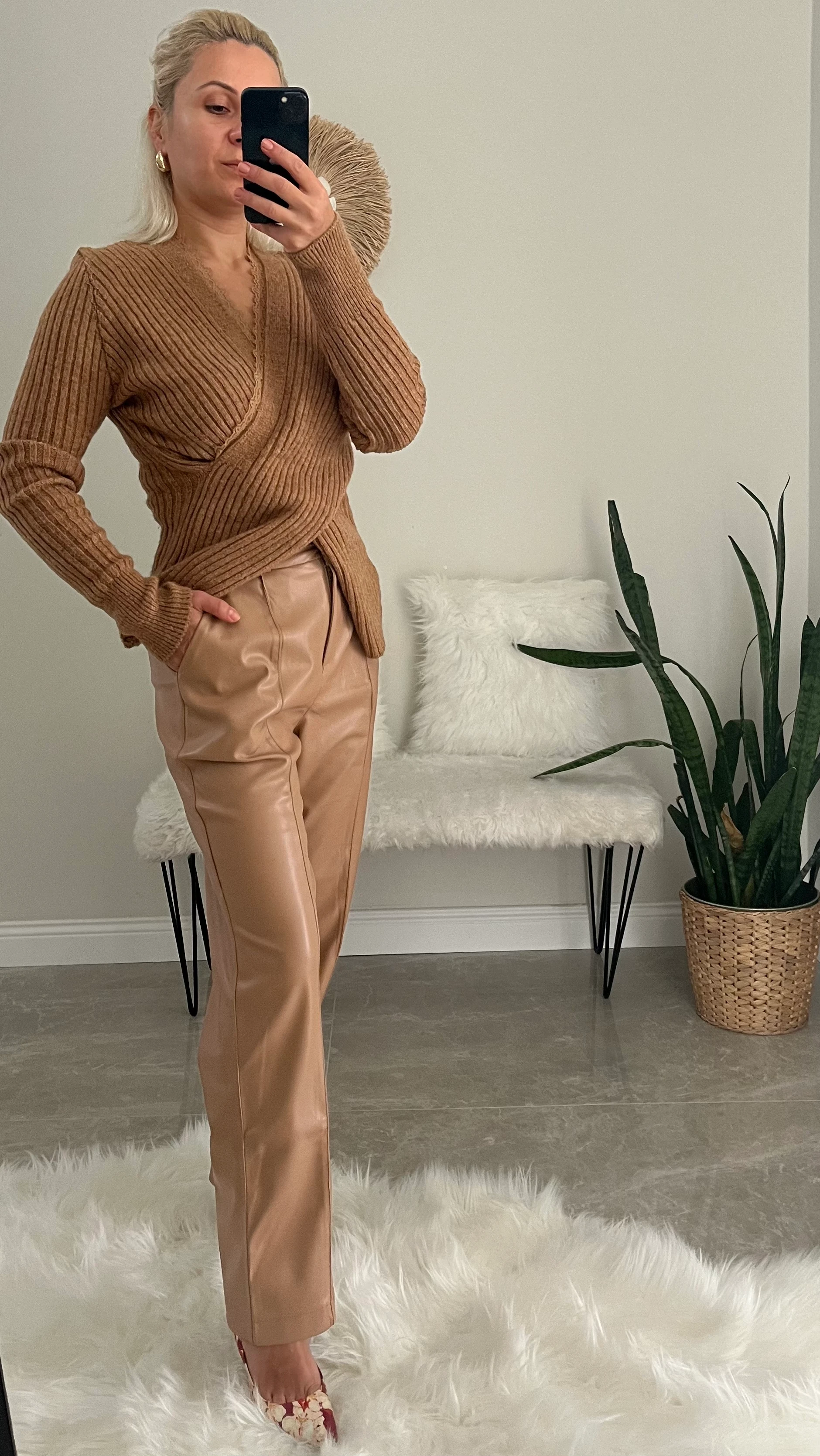 Camel Renk Deri Pantolon