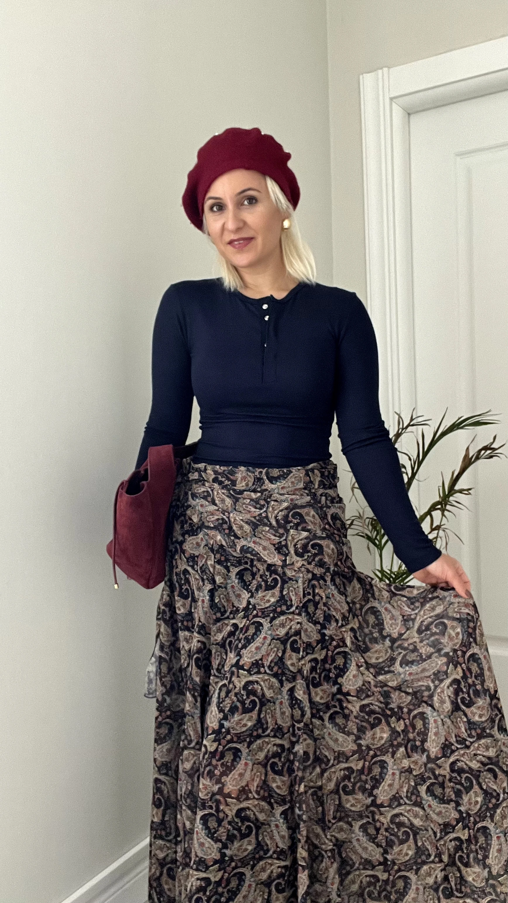 Şal Desen Belden Bağlamalı Şifon Etek Lacivert