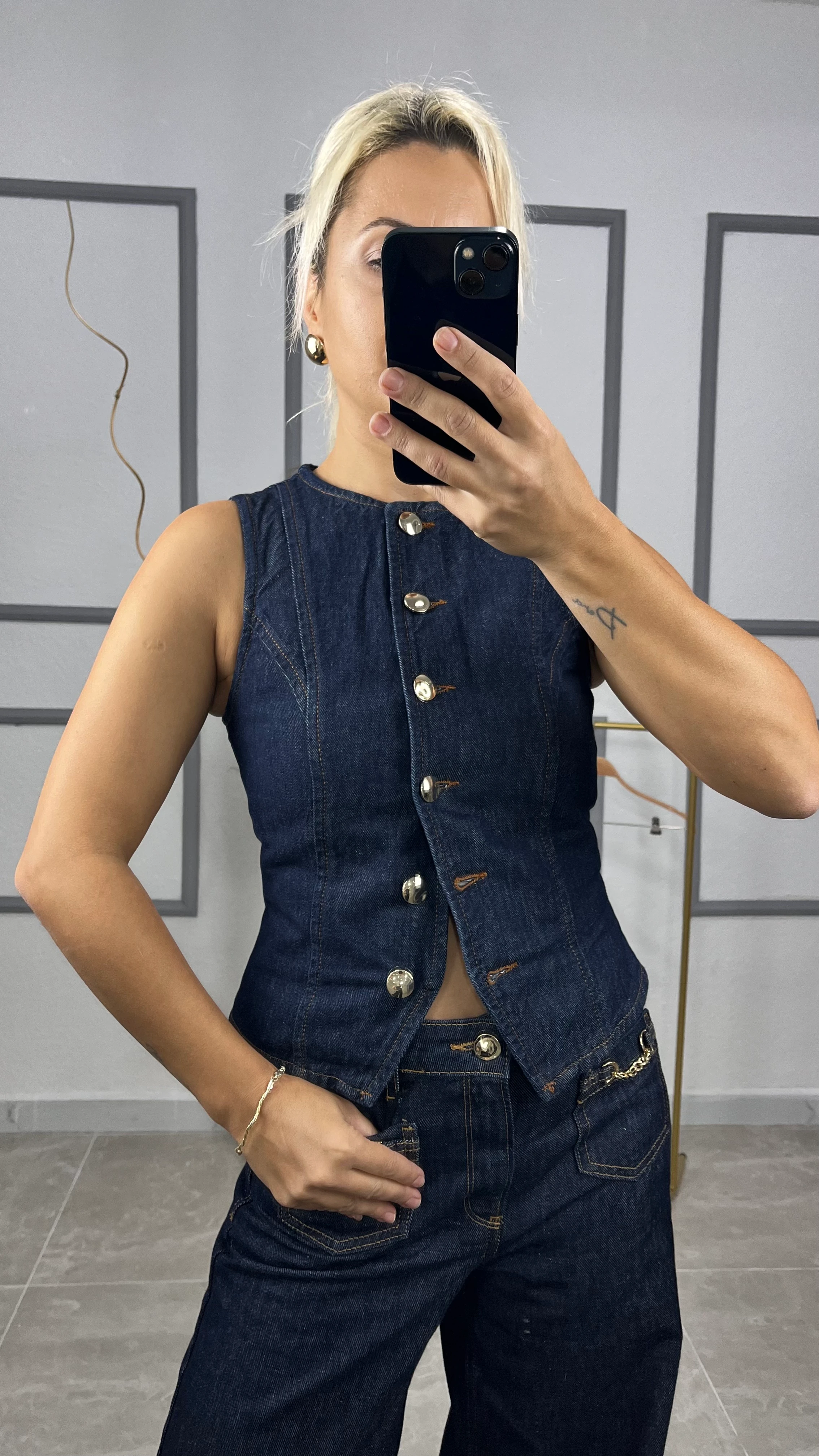 Rins Yıkamalı Gold Düğme Detay Denim Yelek