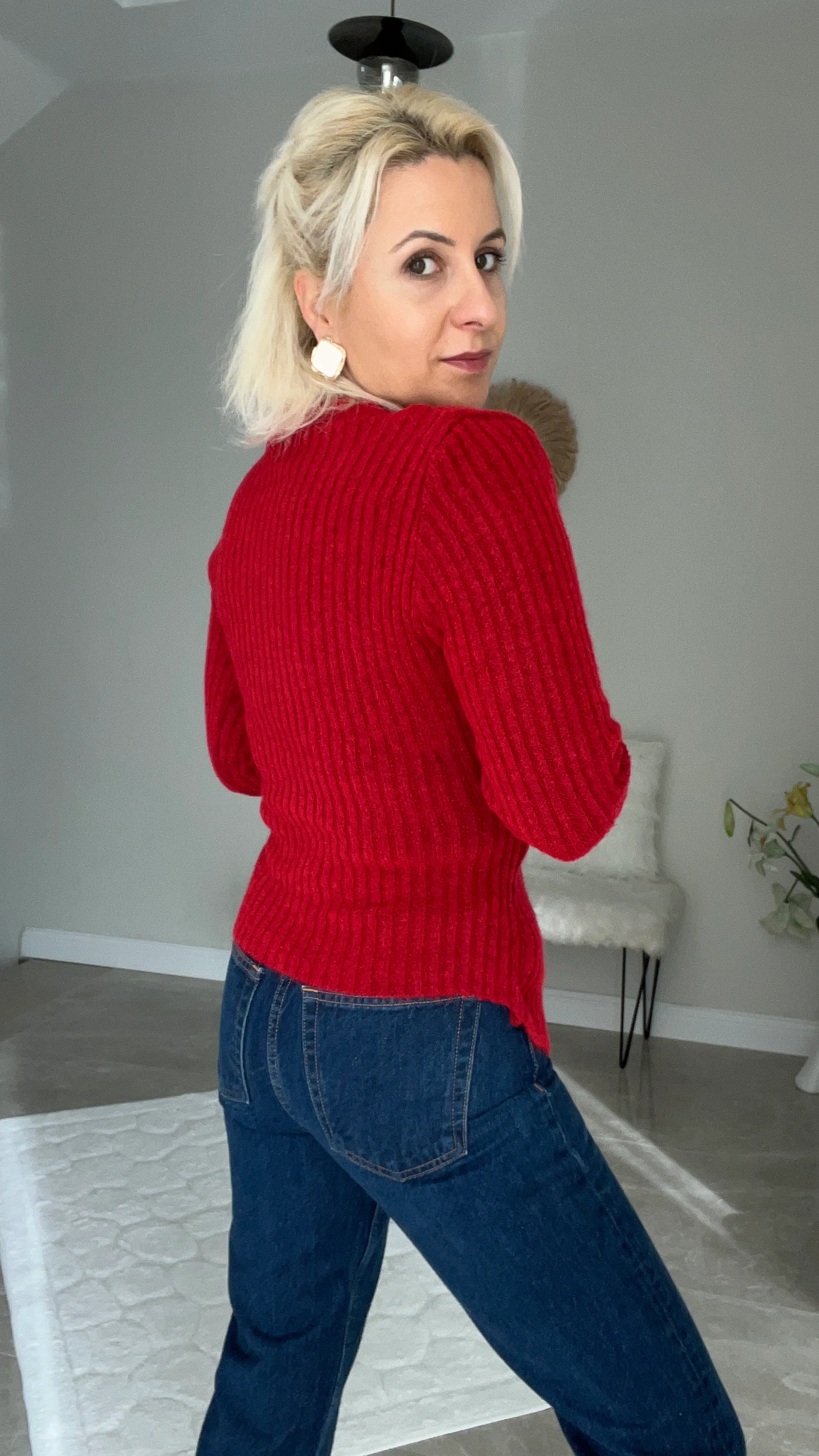 Kruvaze Dantel Detay Triko Kazak  Kırmızı 