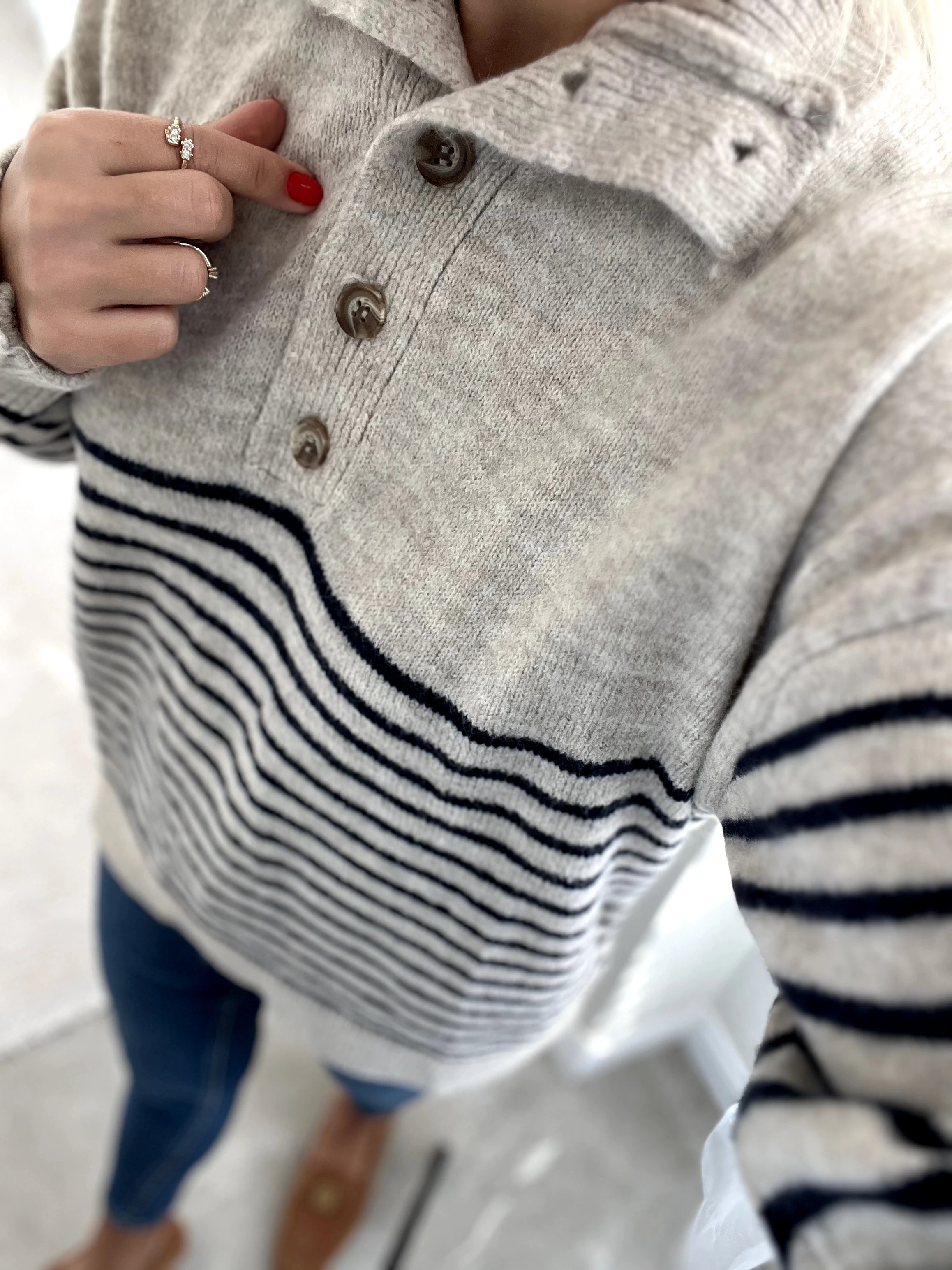 Lacivert Çizgili Düğme Kazak