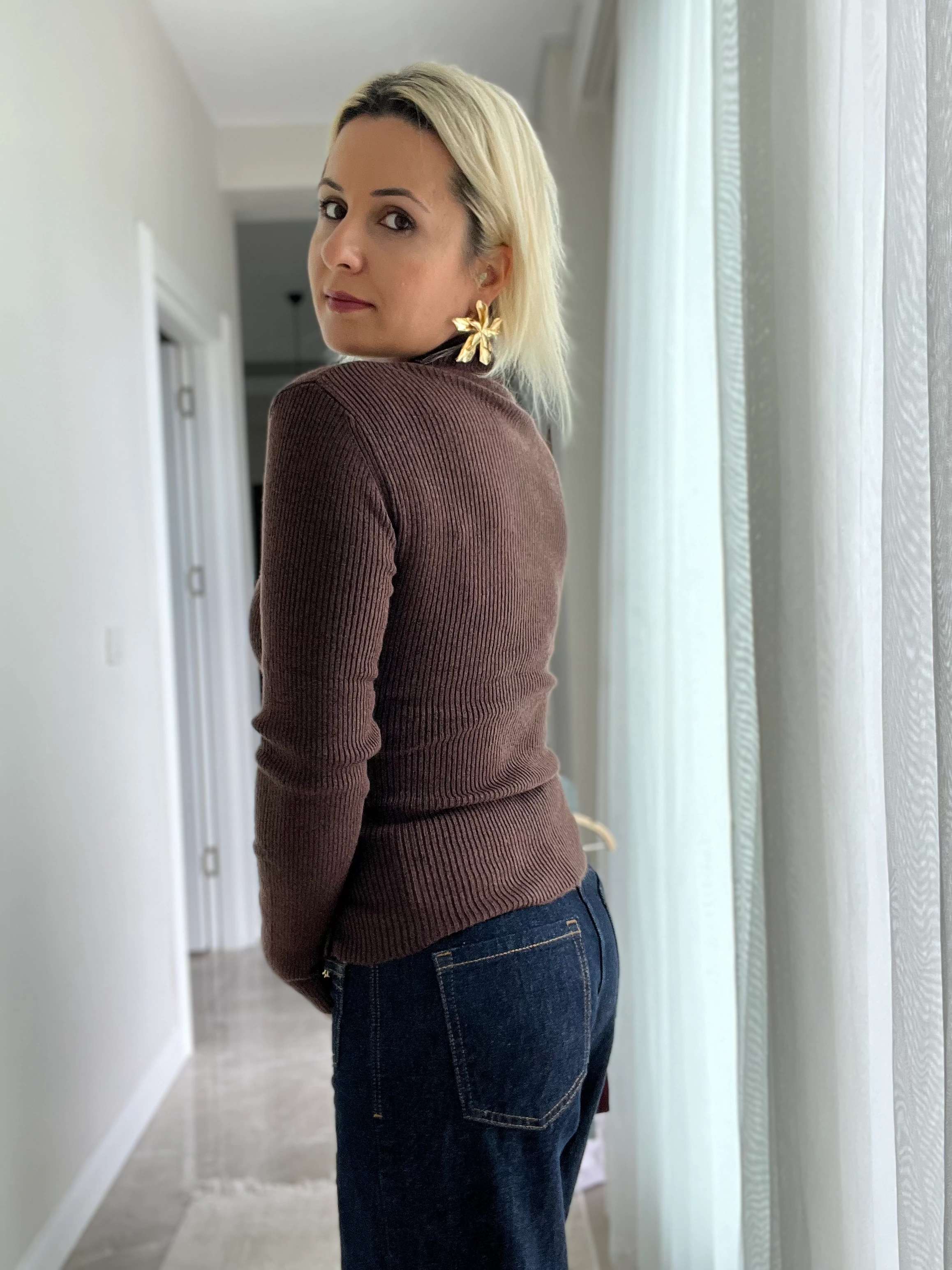 Yan Düğmeli Kazak Kahve