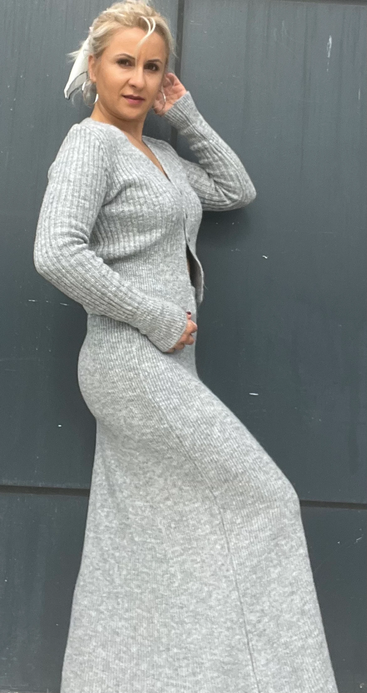 Gri Renk Triko Etek Hırka Takım