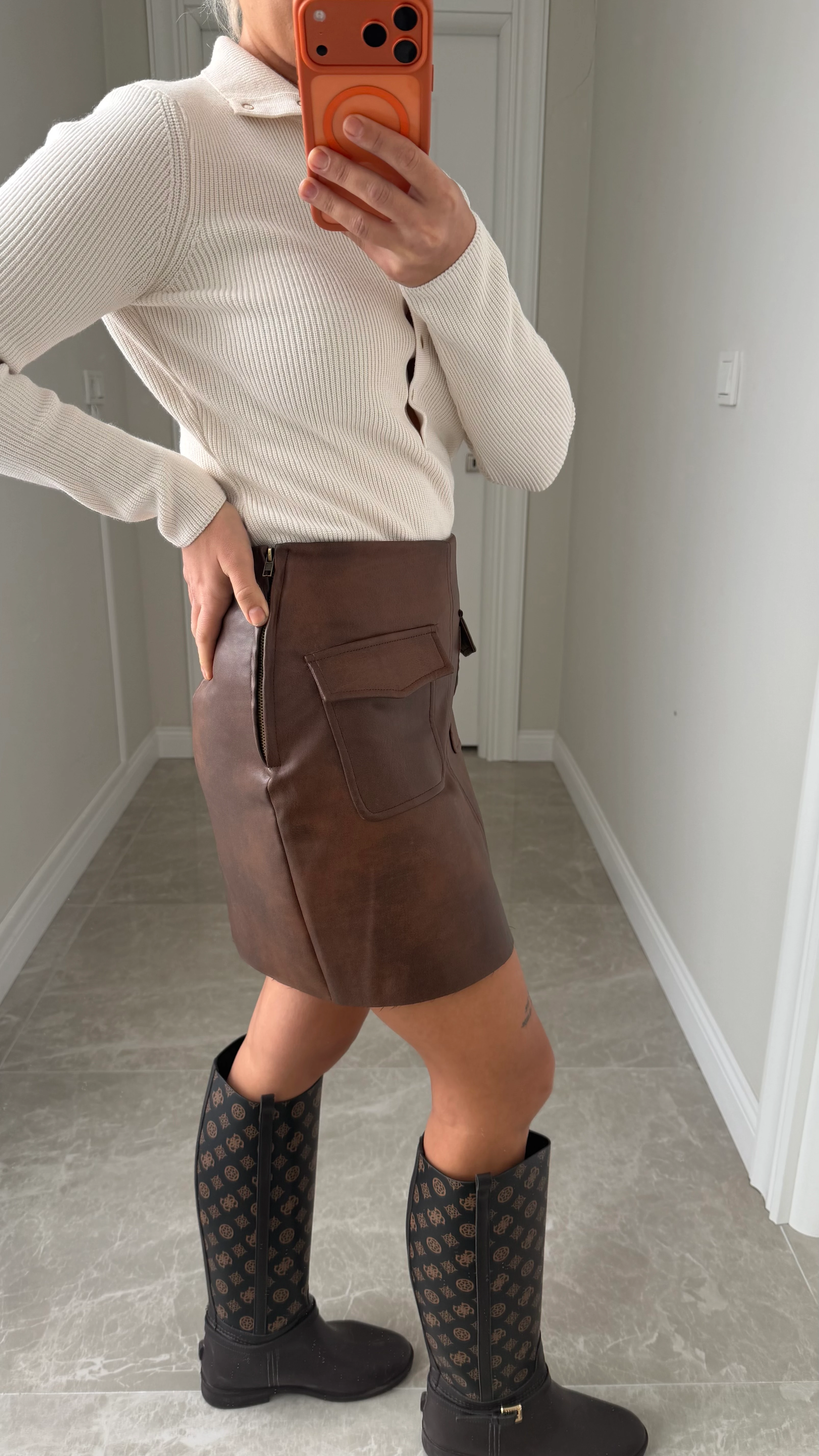 Kahve Deri Mini Etek