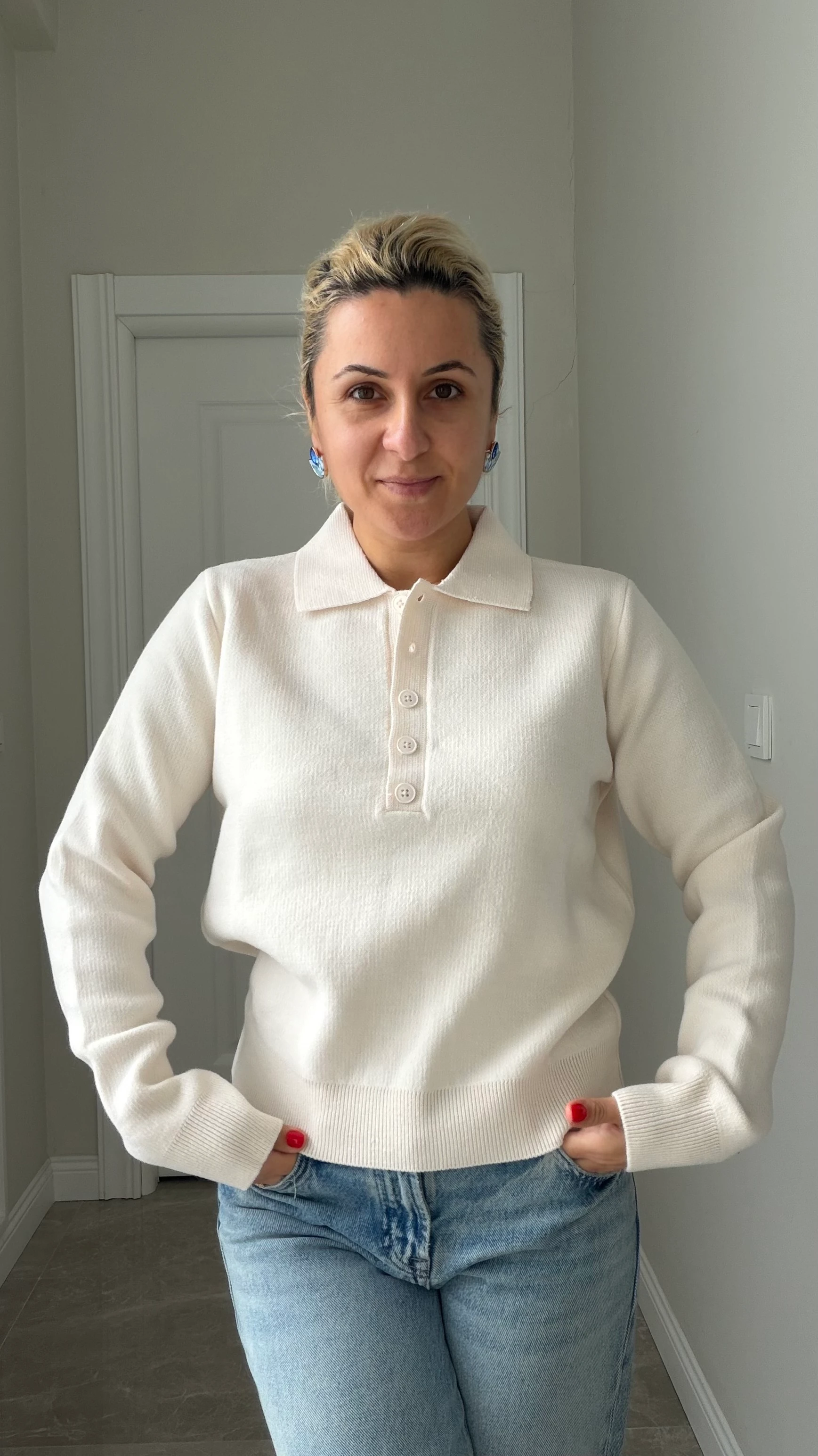 Polo Yaka Kazak Krem Renk