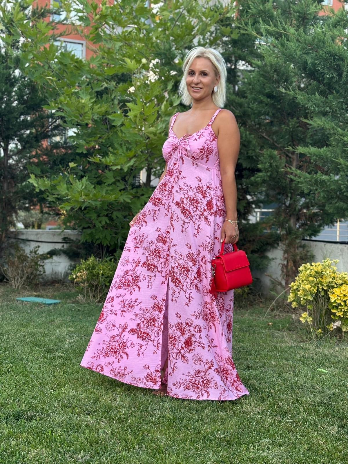 Çiçek Desenli Askılı Müslin Elbise