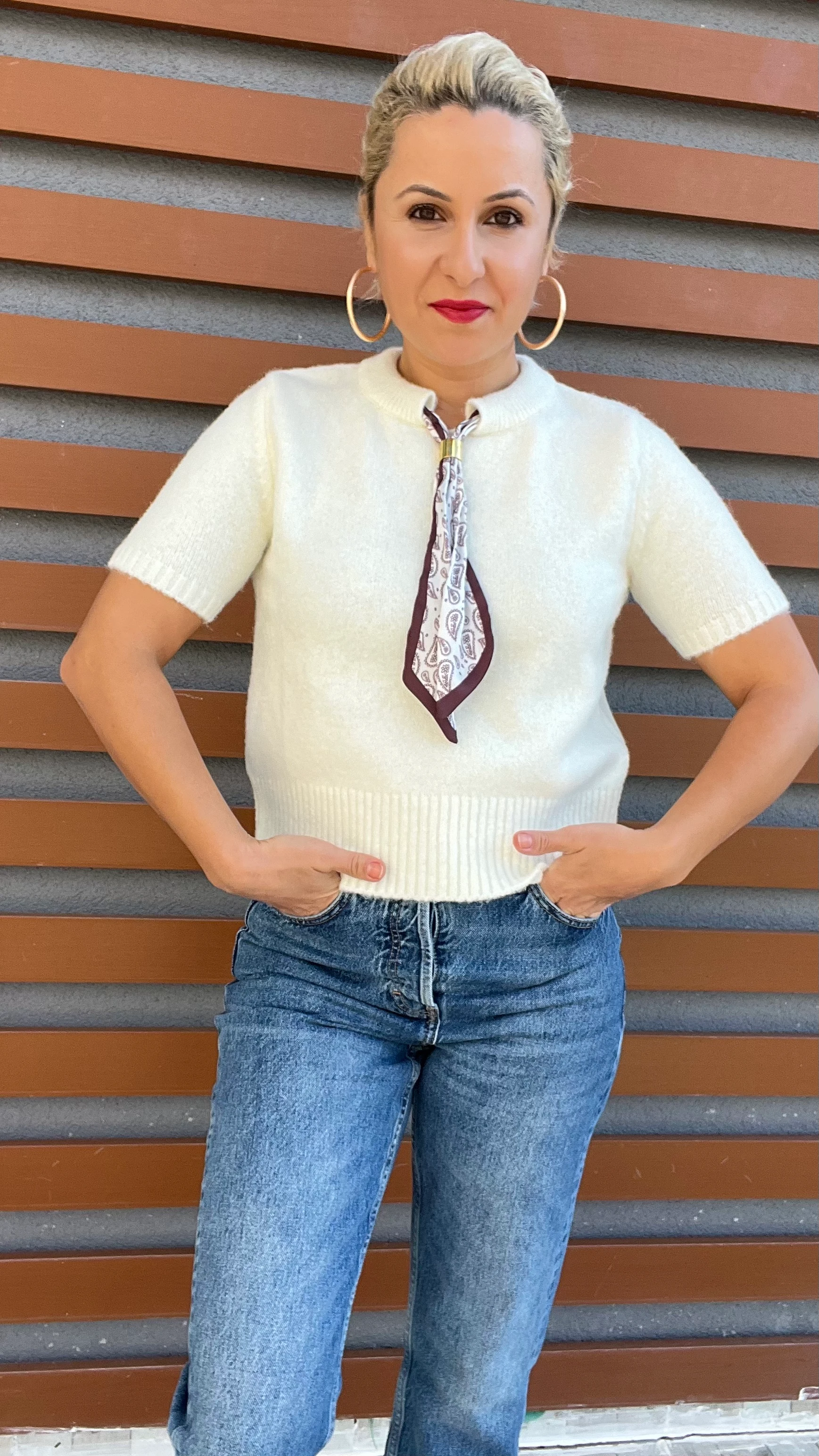 Fular Detay Yarım Kol Ekru Triko