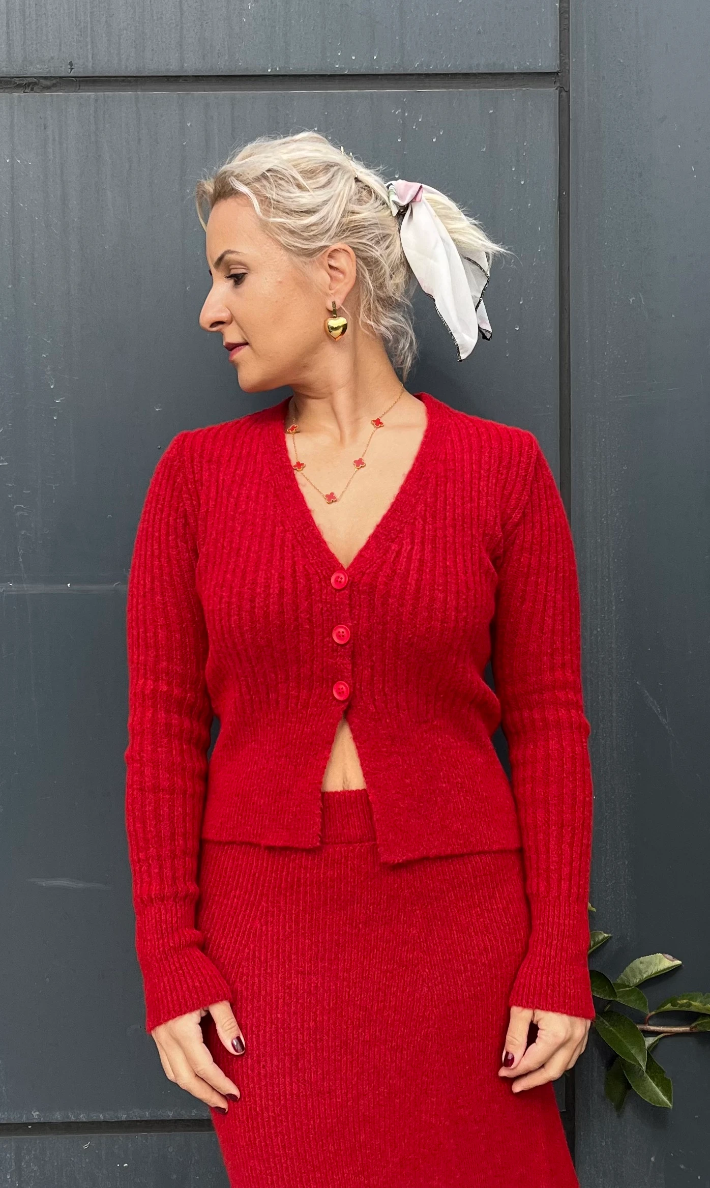 Kırmızı Renk Triko Etek Hırka Takım