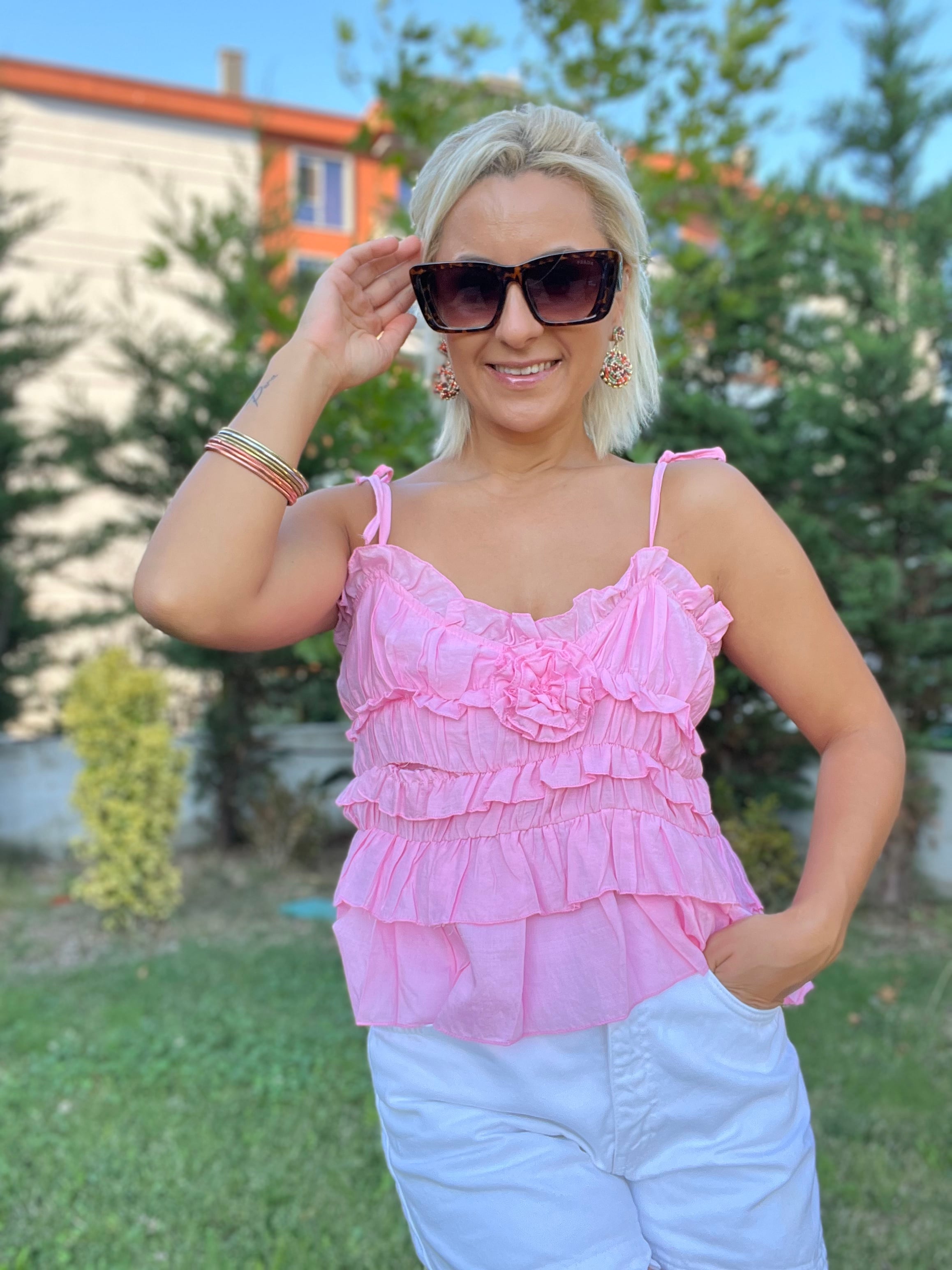 İp Askılı Gül Detay Bluz