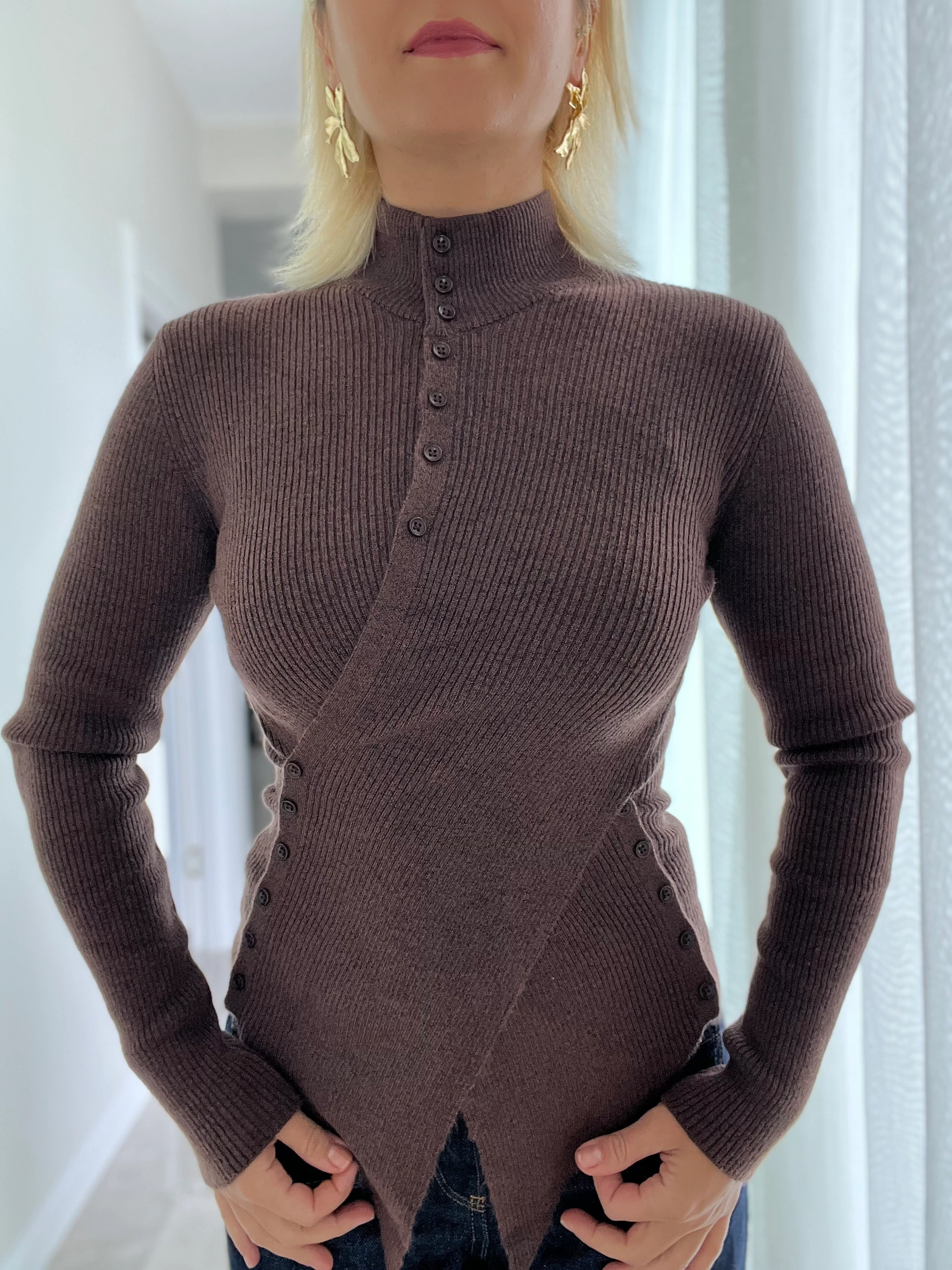 Yan Düğmeli Kazak Kahve