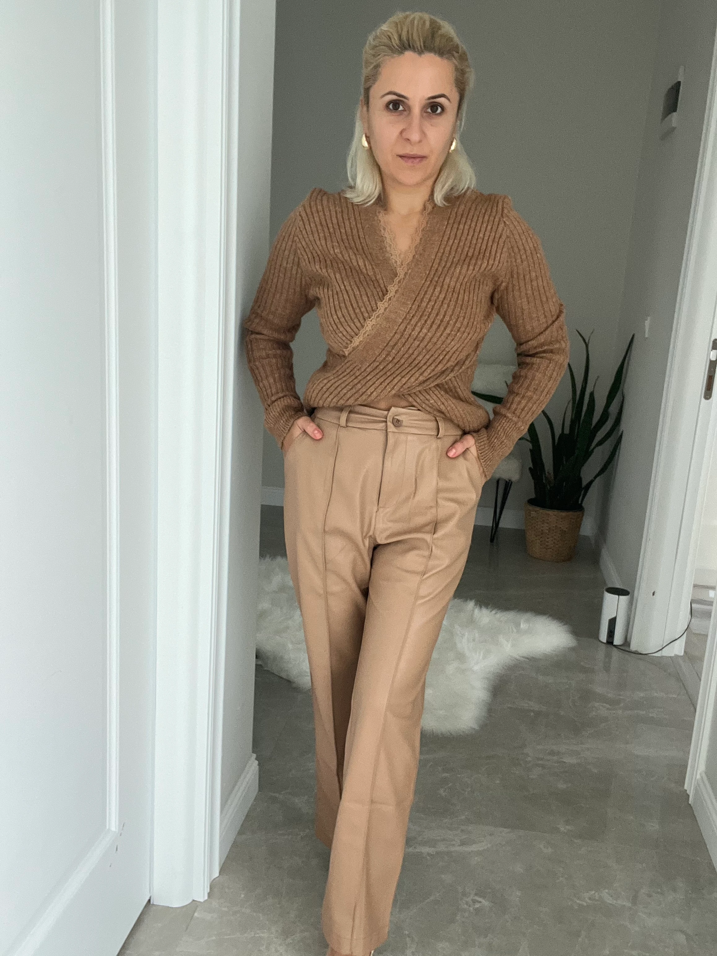 Camel Renk Deri Pantolon