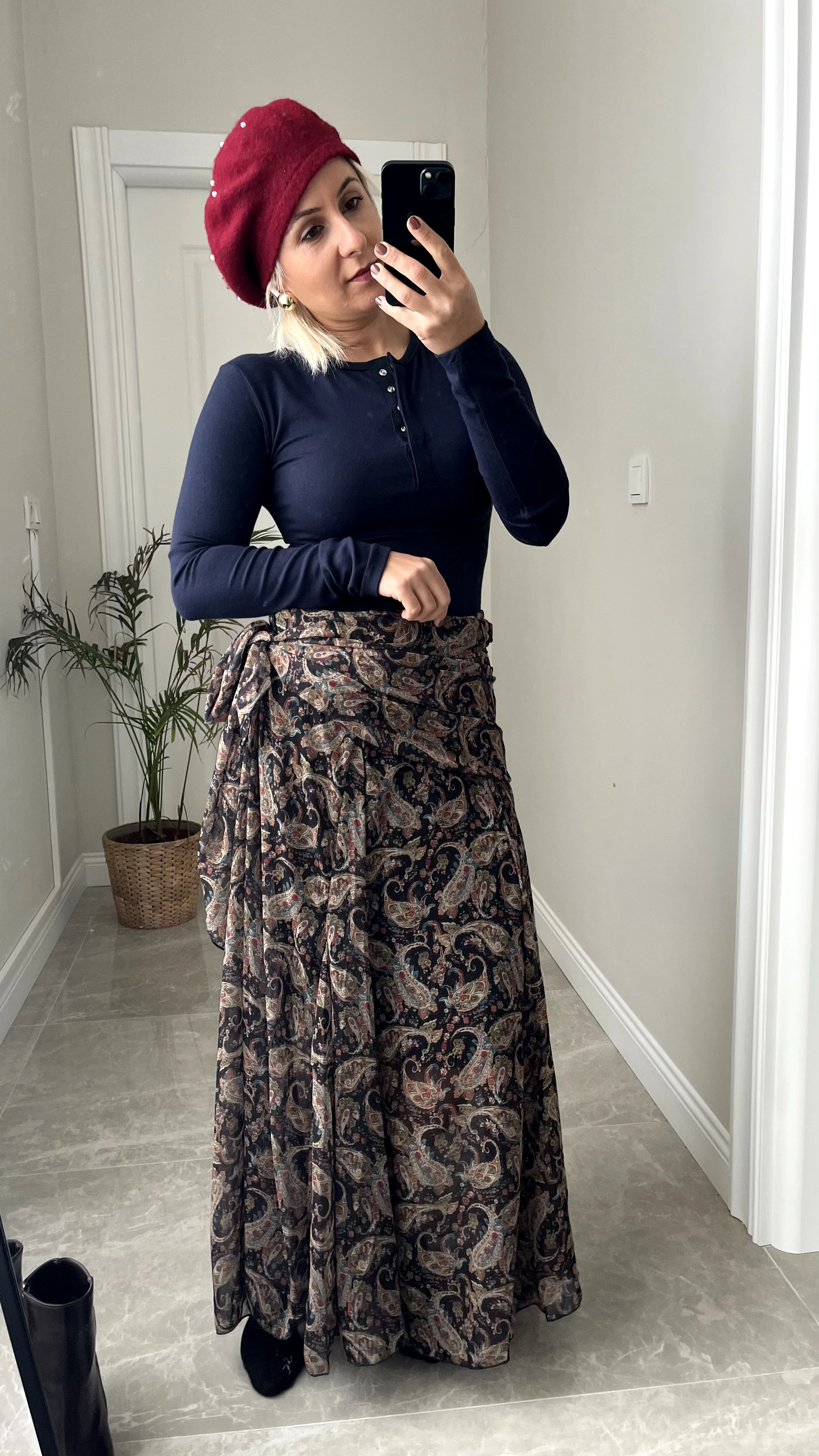 Şal Desen Belden Bağlamalı Şifon Etek Lacivert