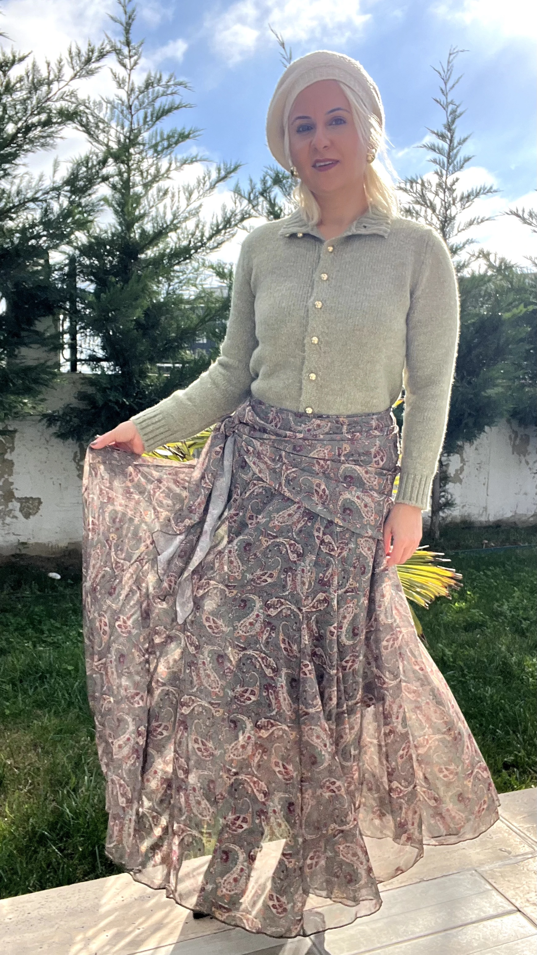 Şal Desen Belden Bağlamalı Şifon Etek Yeşil