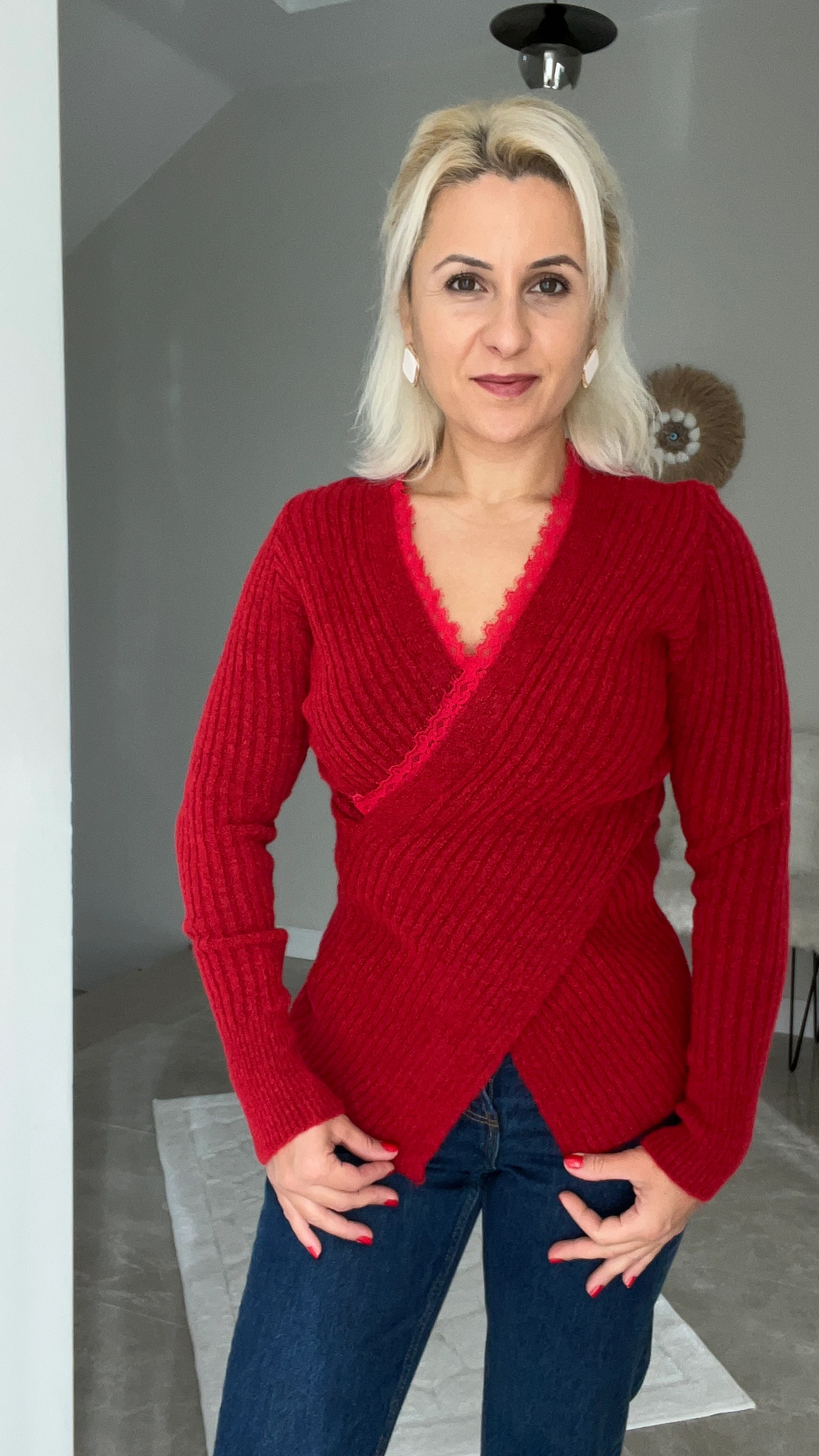 Kruvaze Dantel Detay Triko Kazak  Kırmızı 