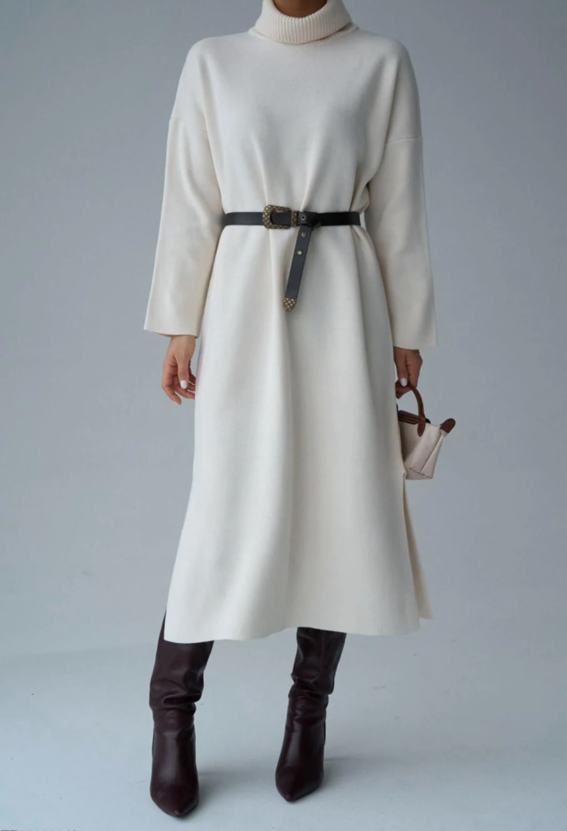 Triko Midi Elbise Krem