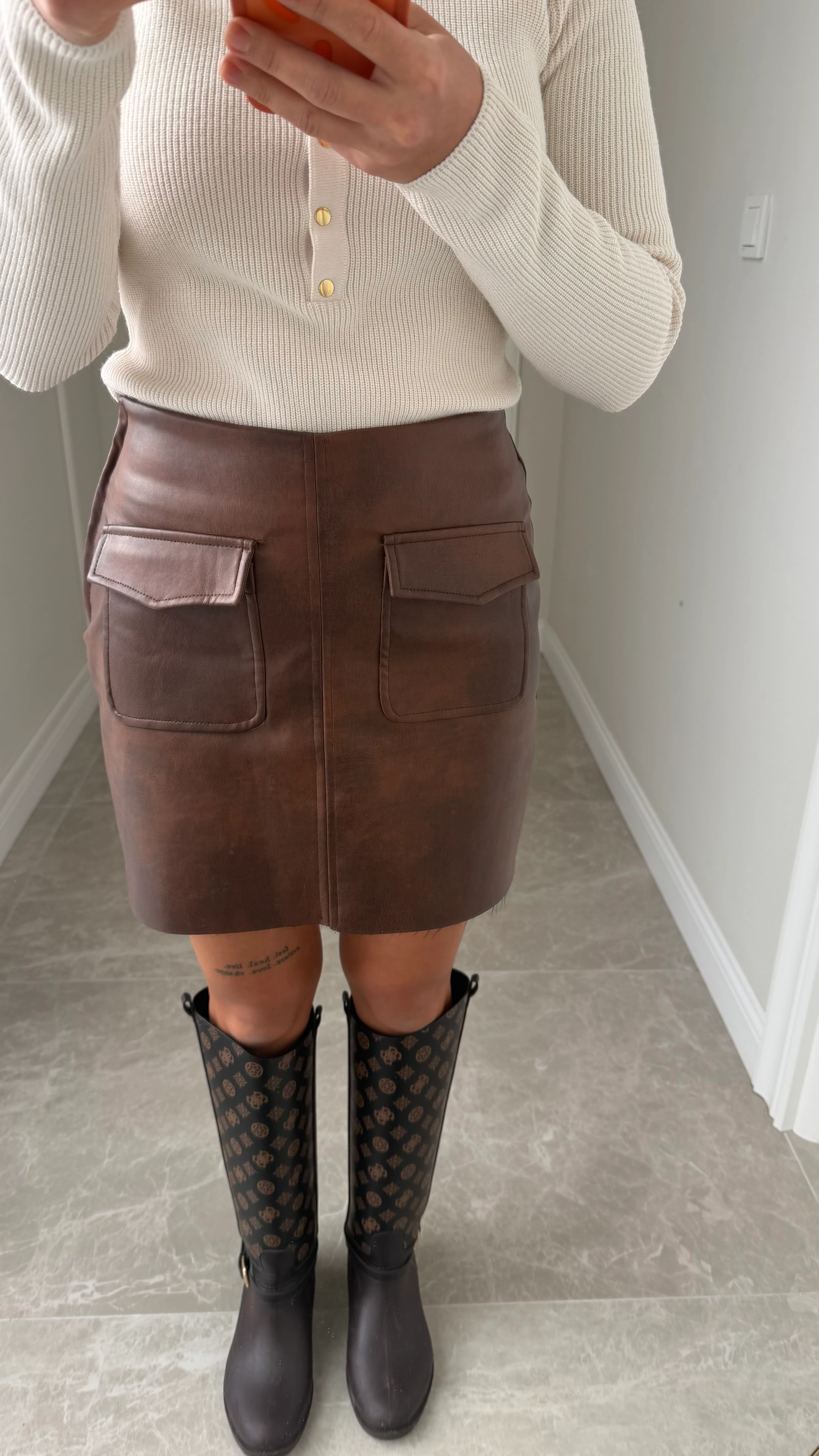 Kahve Deri Mini Etek