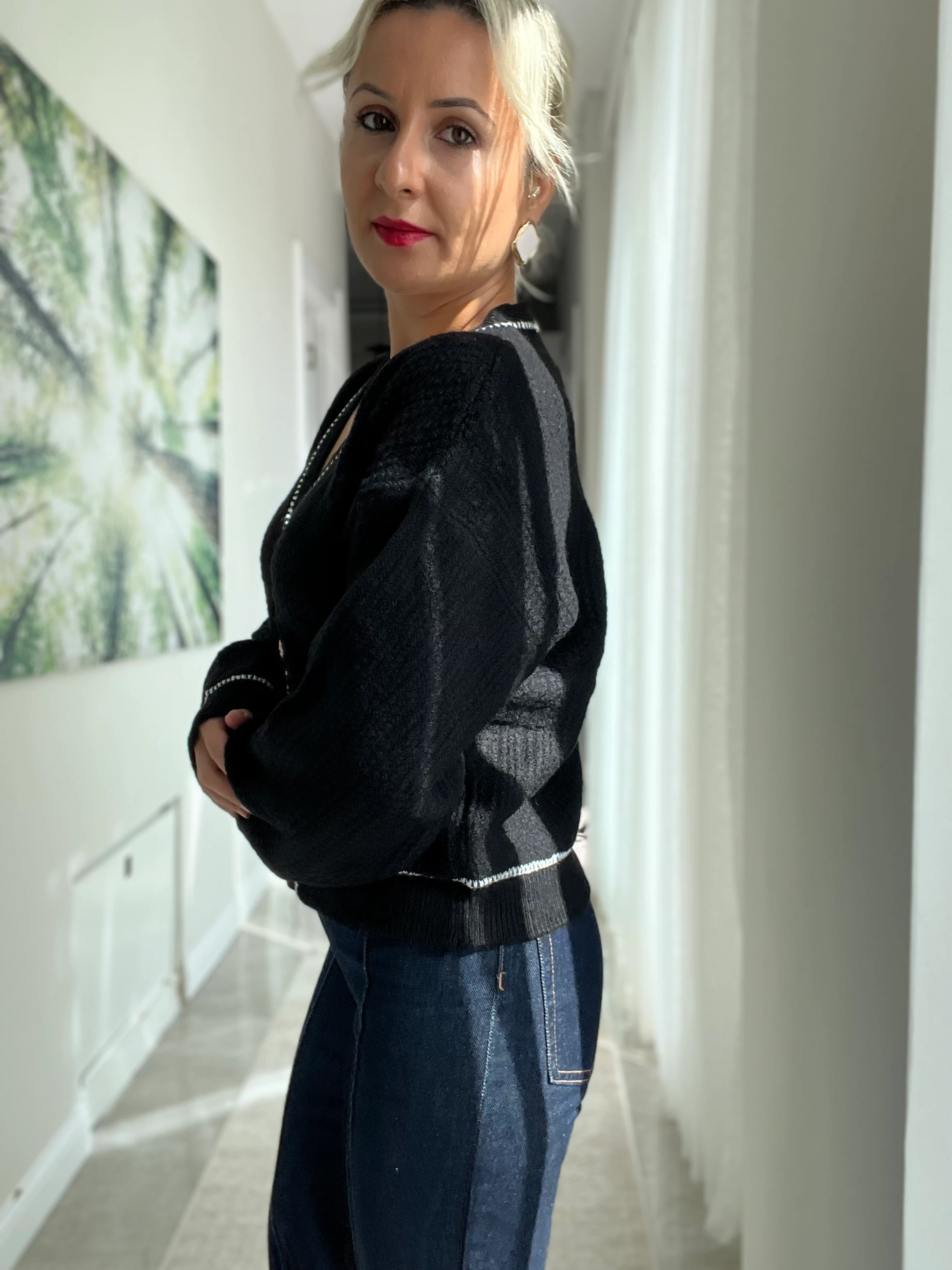 Gold Düğme Detay Şeritli Hırka Siyah