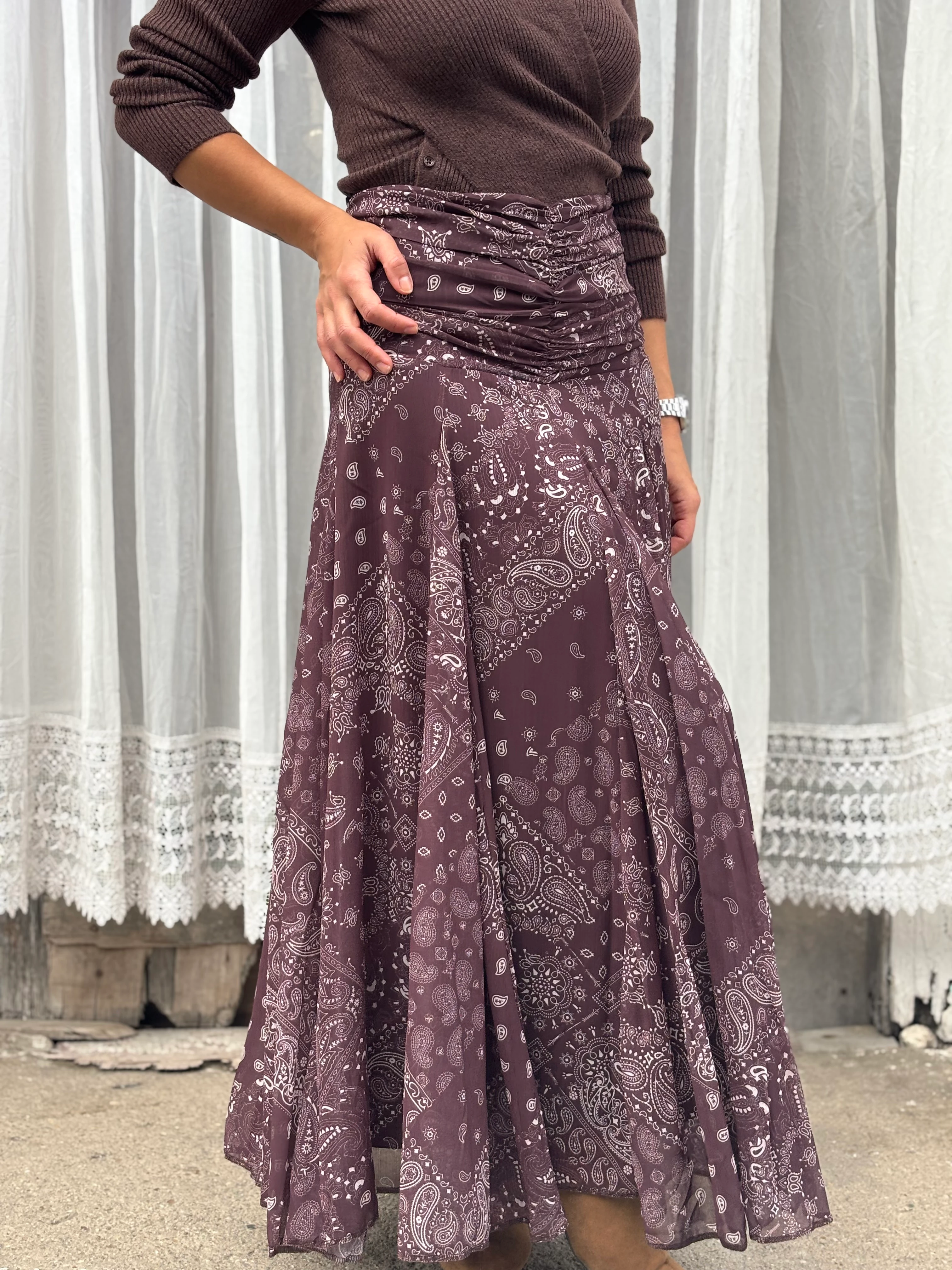 Şal Desen Şifon Etek Kahve