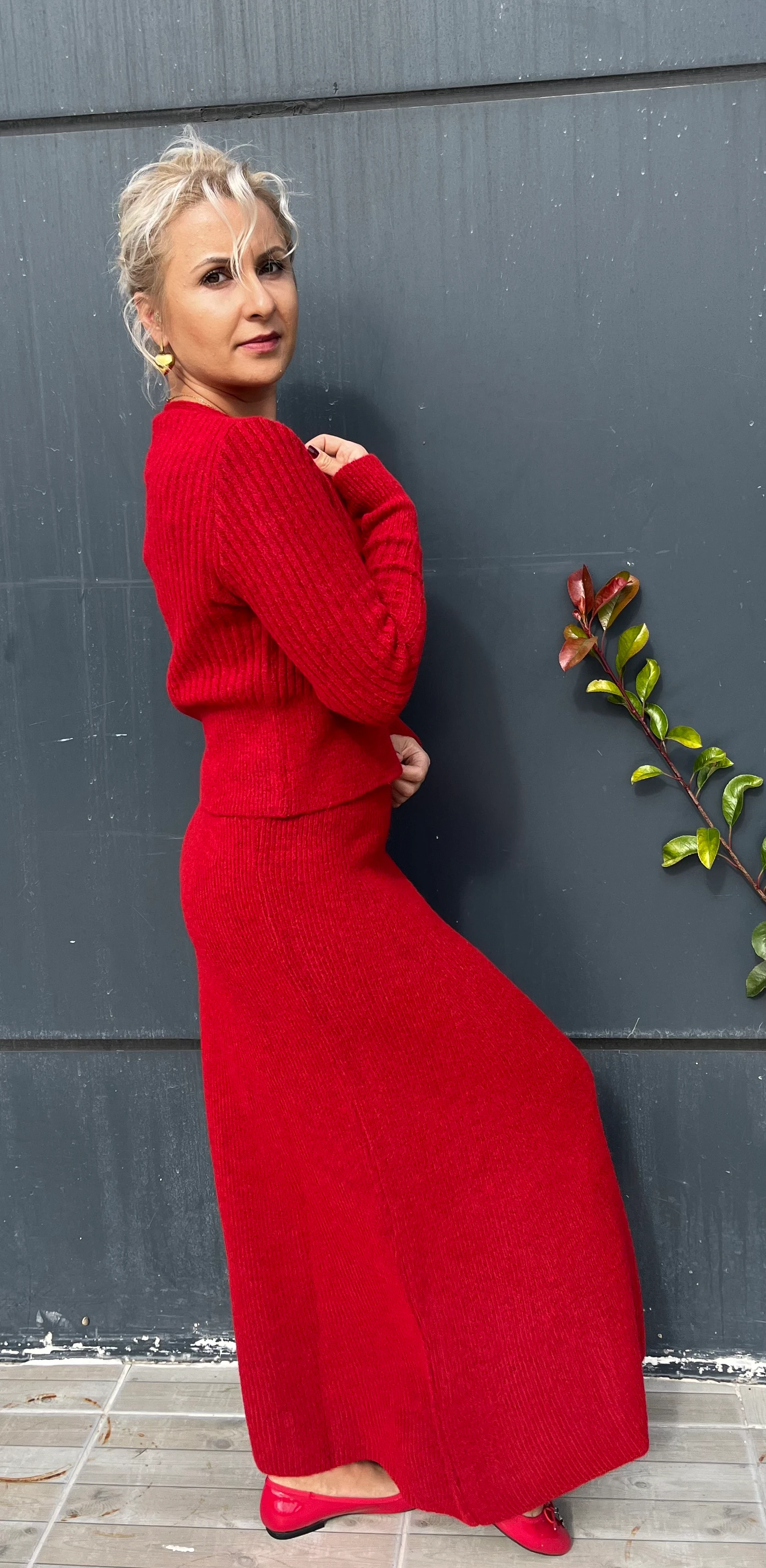 Kırmızı Renk Triko Etek Hırka Takım