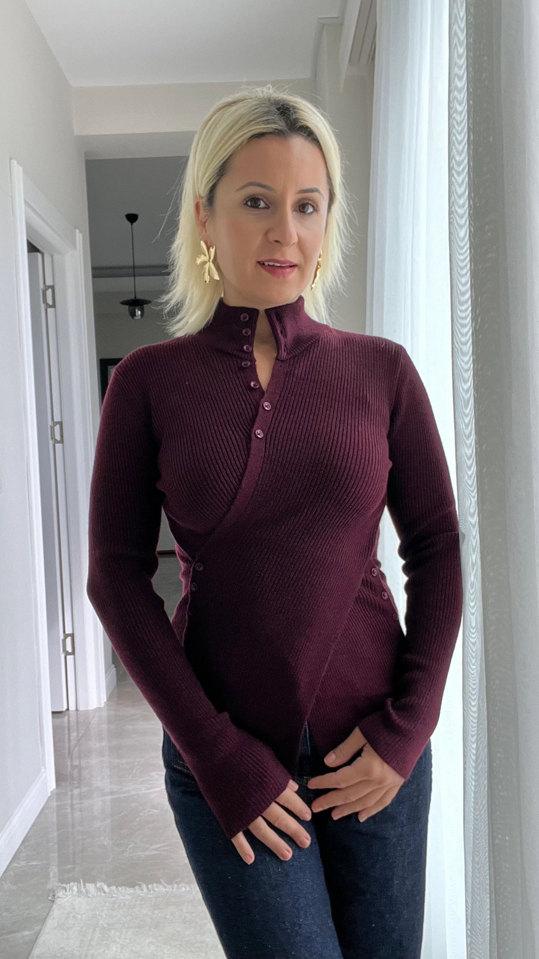 Yan Düğmeli Kazak Bordo