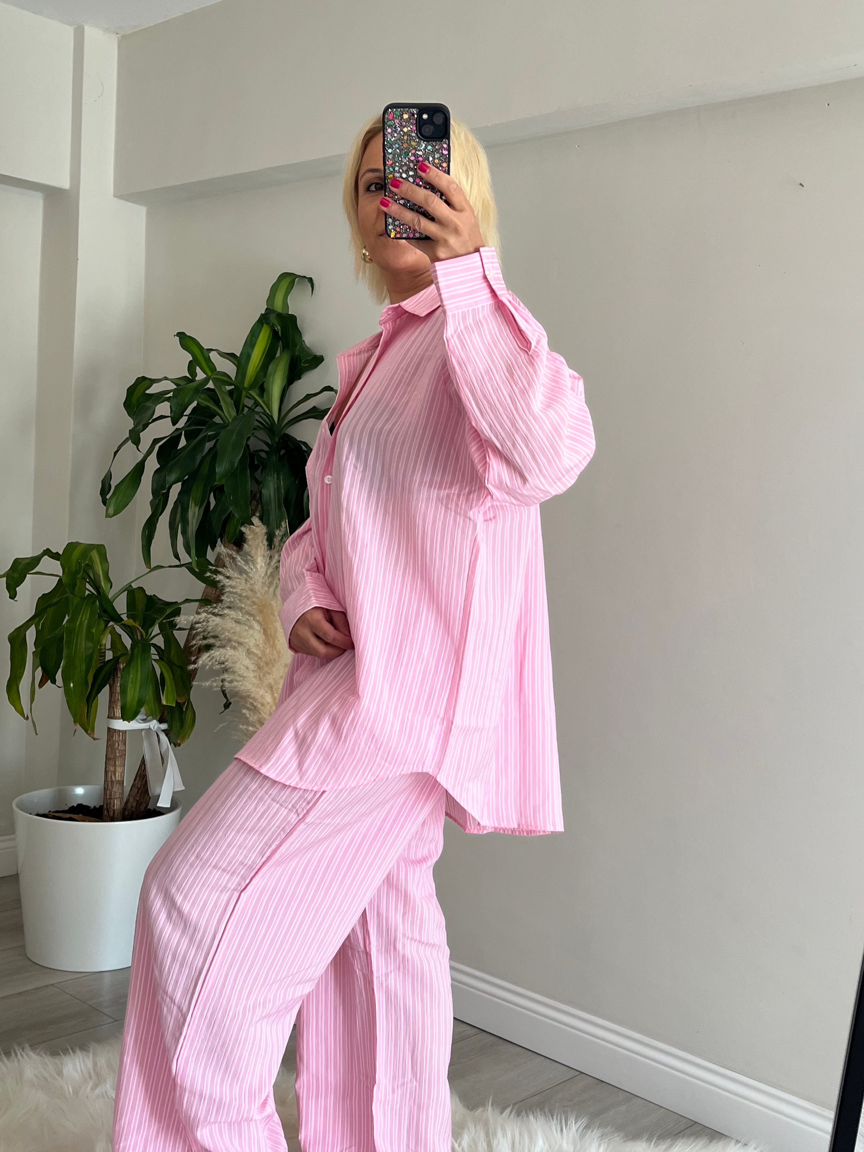 Çizgili Oversize Gömlek Takım 