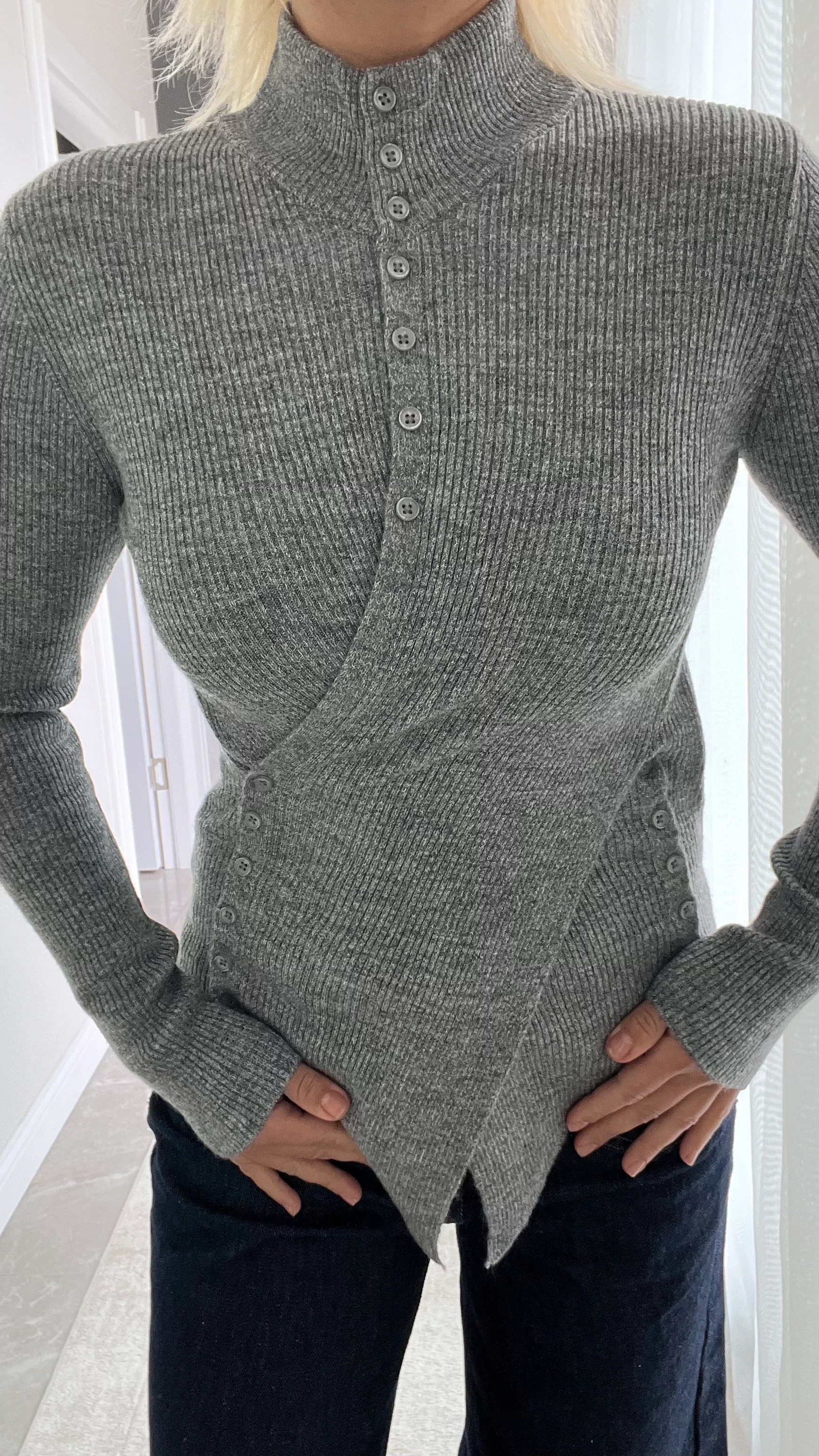 Yan Düğmeli Kazak Gri