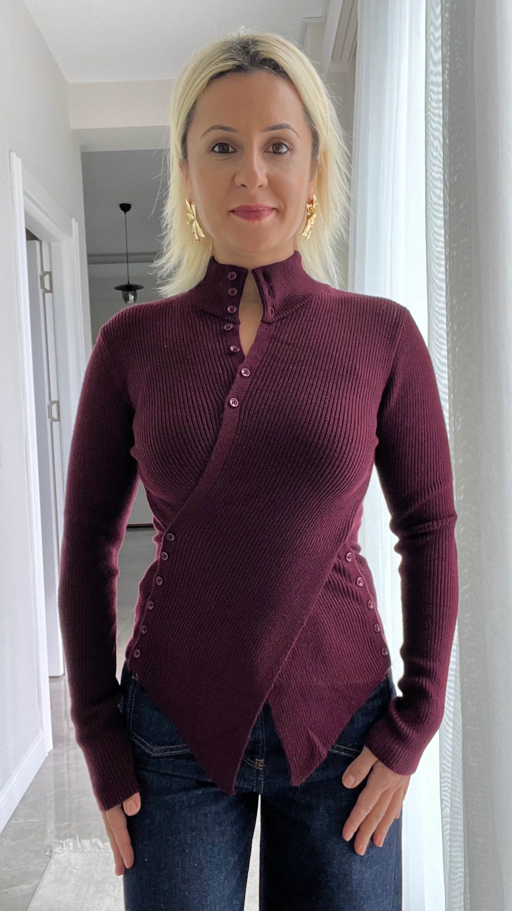 Yan Düğmeli Kazak Bordo