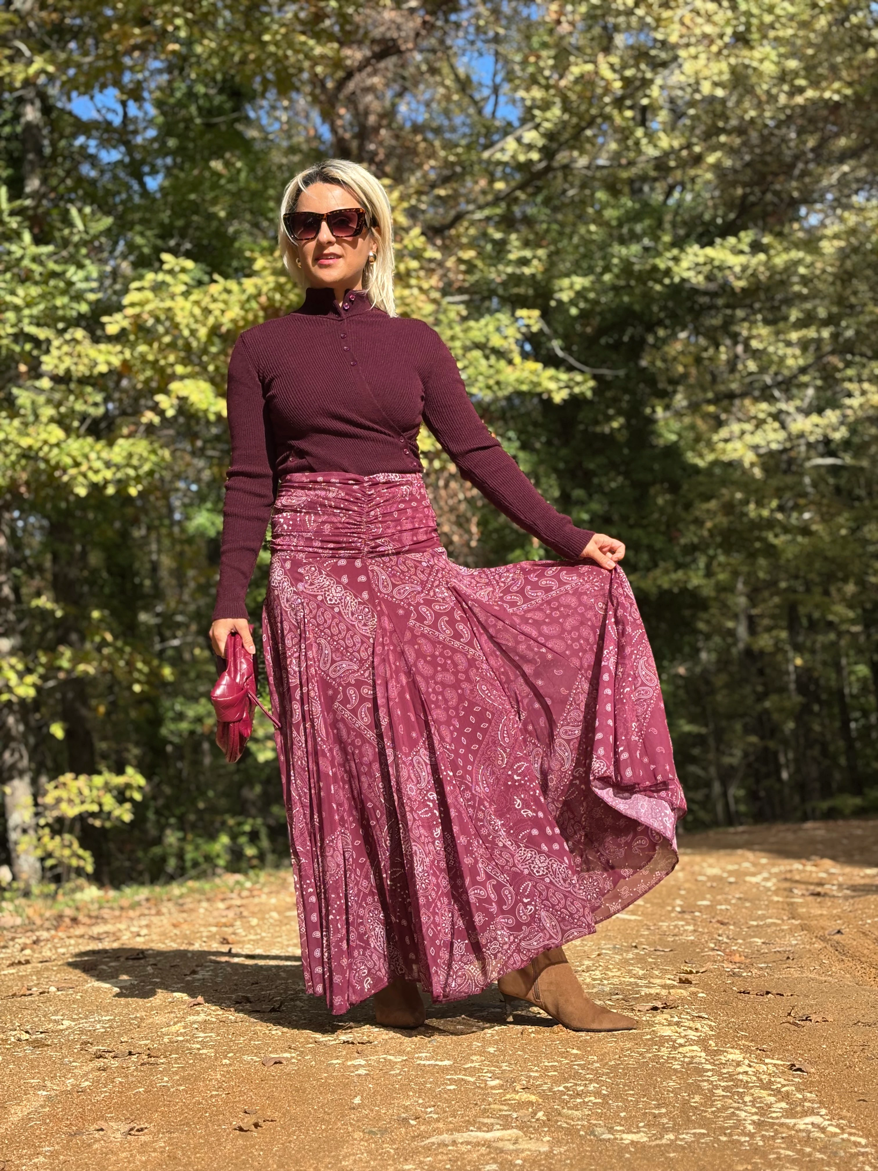 Şal Desen Şifon Etek Bordo