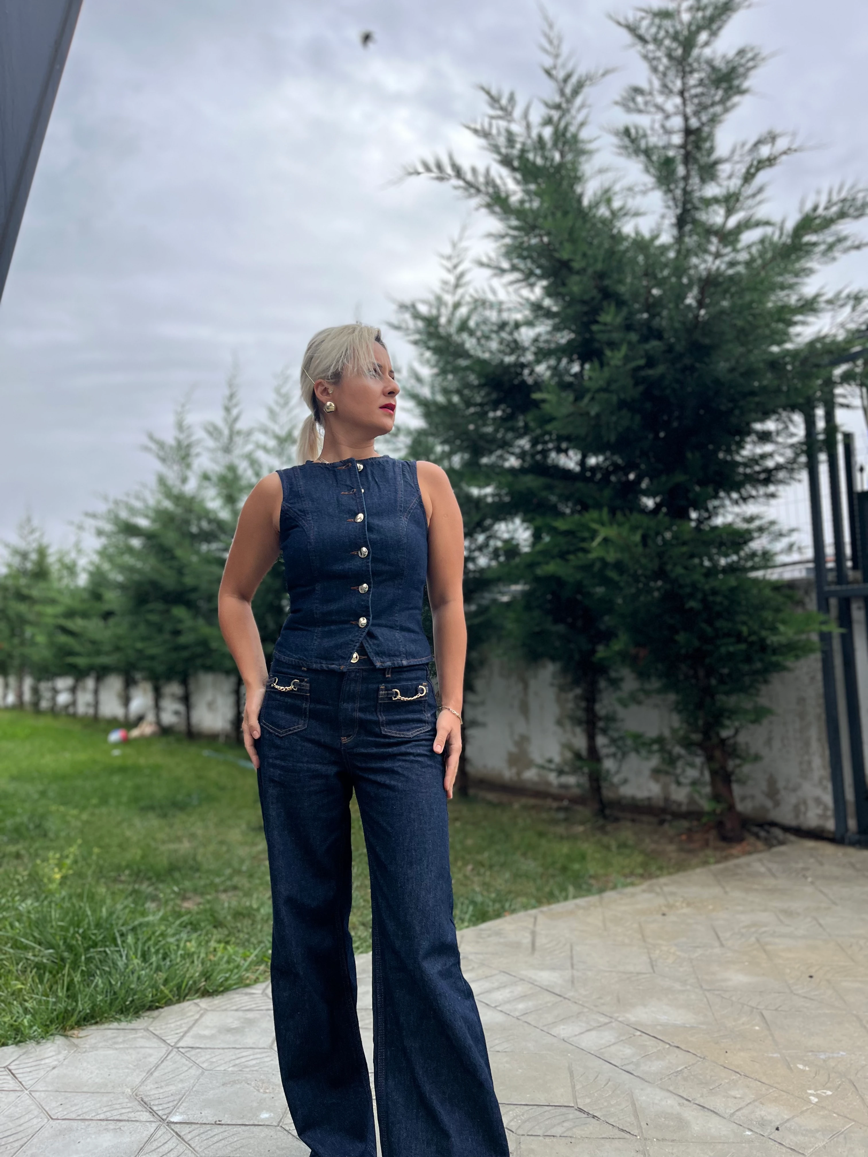 Rins Yıkamalı Gold Düğme Detay Denim Yelek