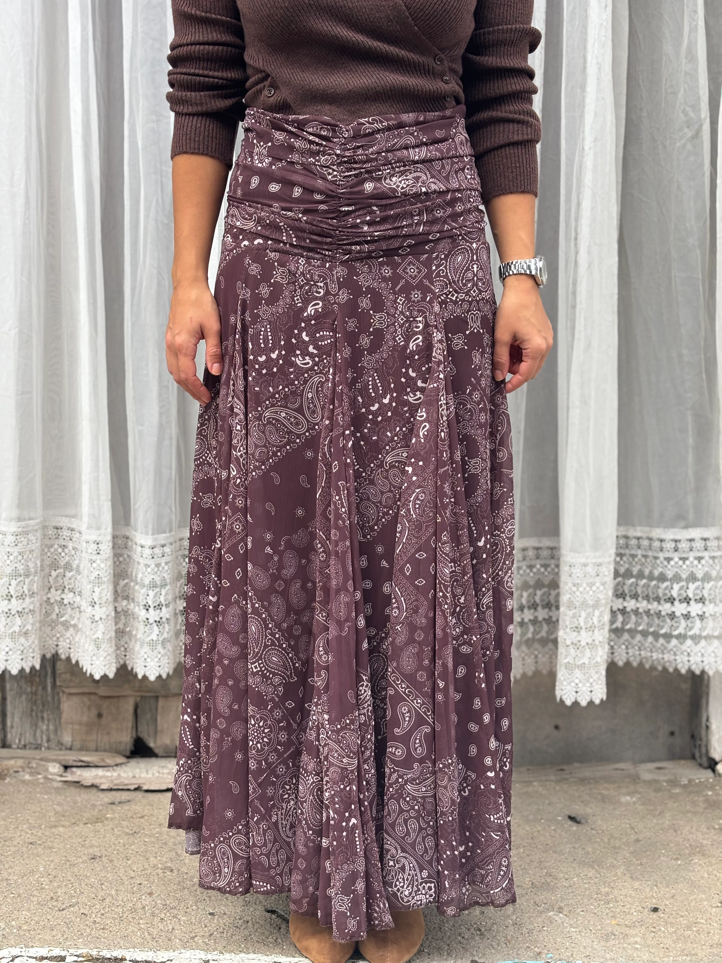 Şal Desen Şifon Etek Kahve