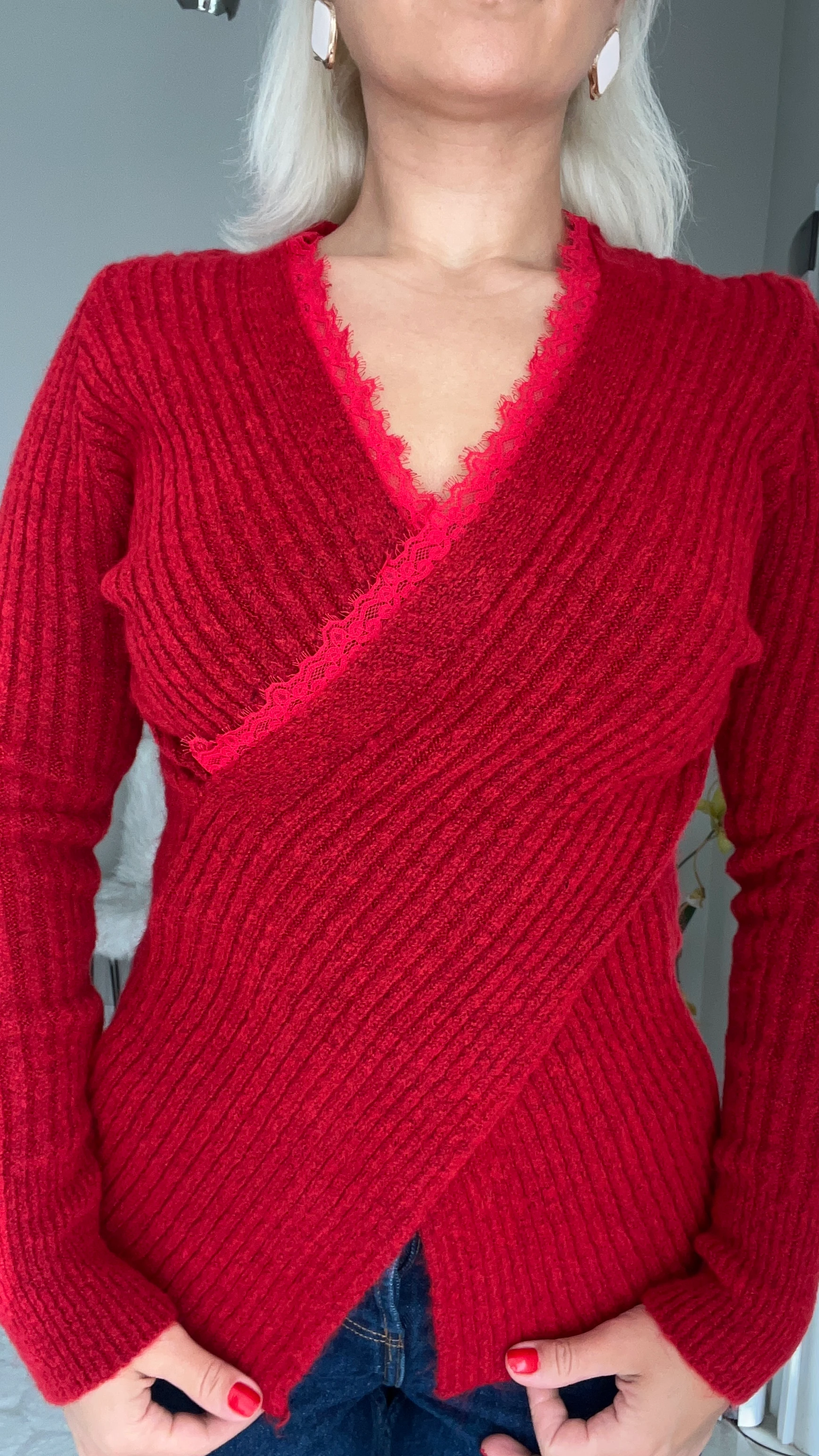 Kruvaze Dantel Detay Triko Kazak  Kırmızı 