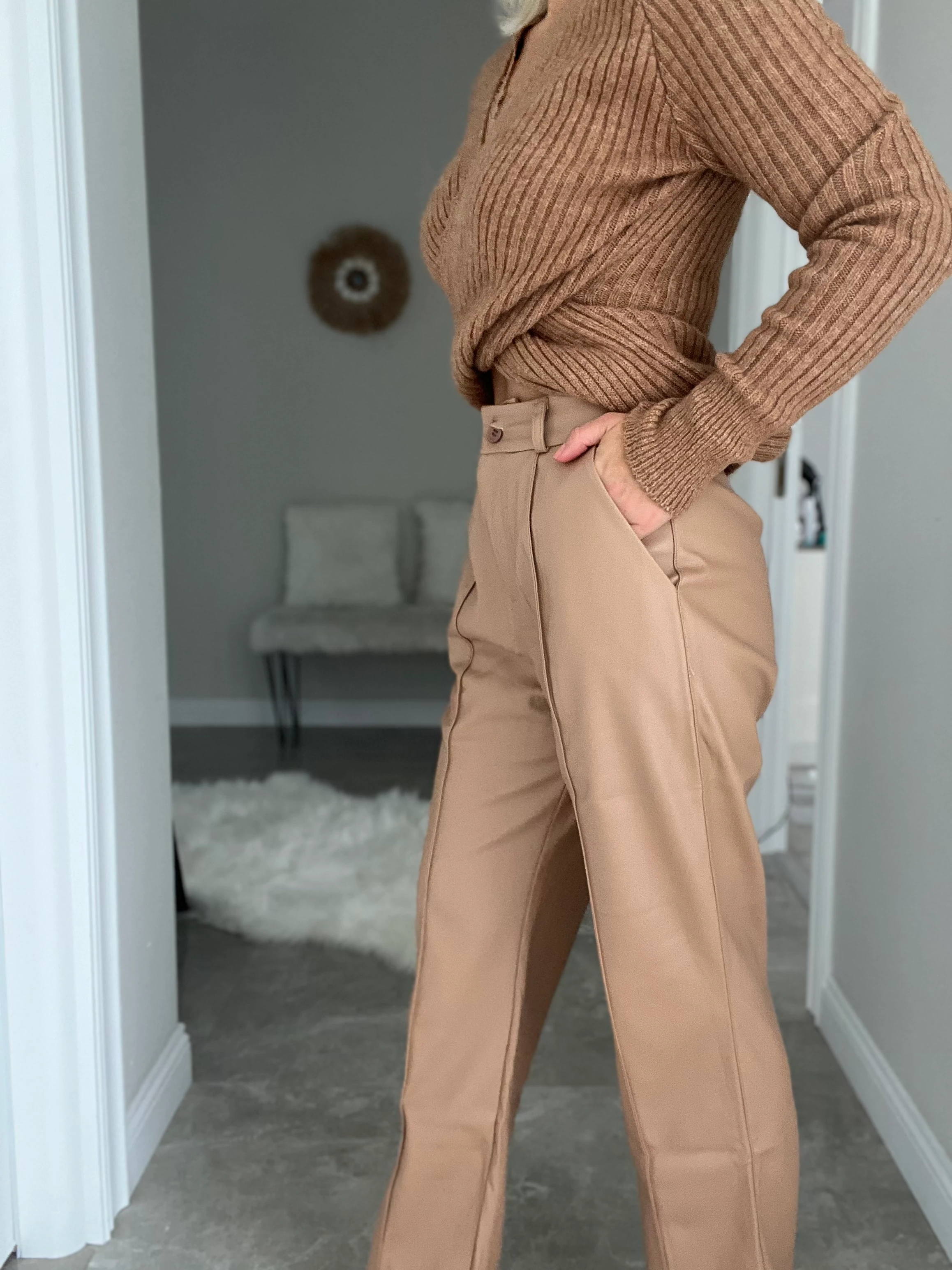 Camel Renk Deri Pantolon