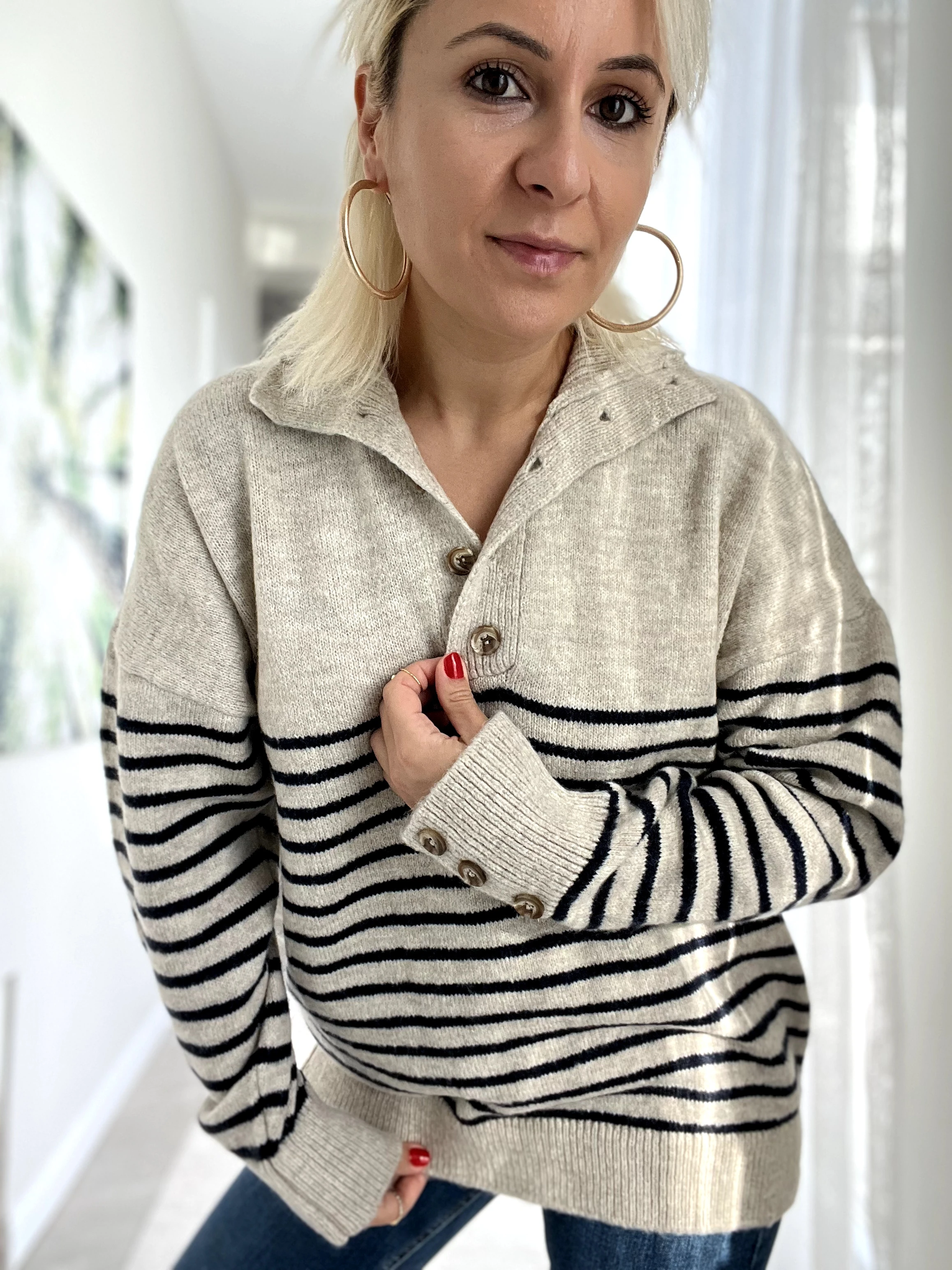 Lacivert Çizgili Düğme Kazak