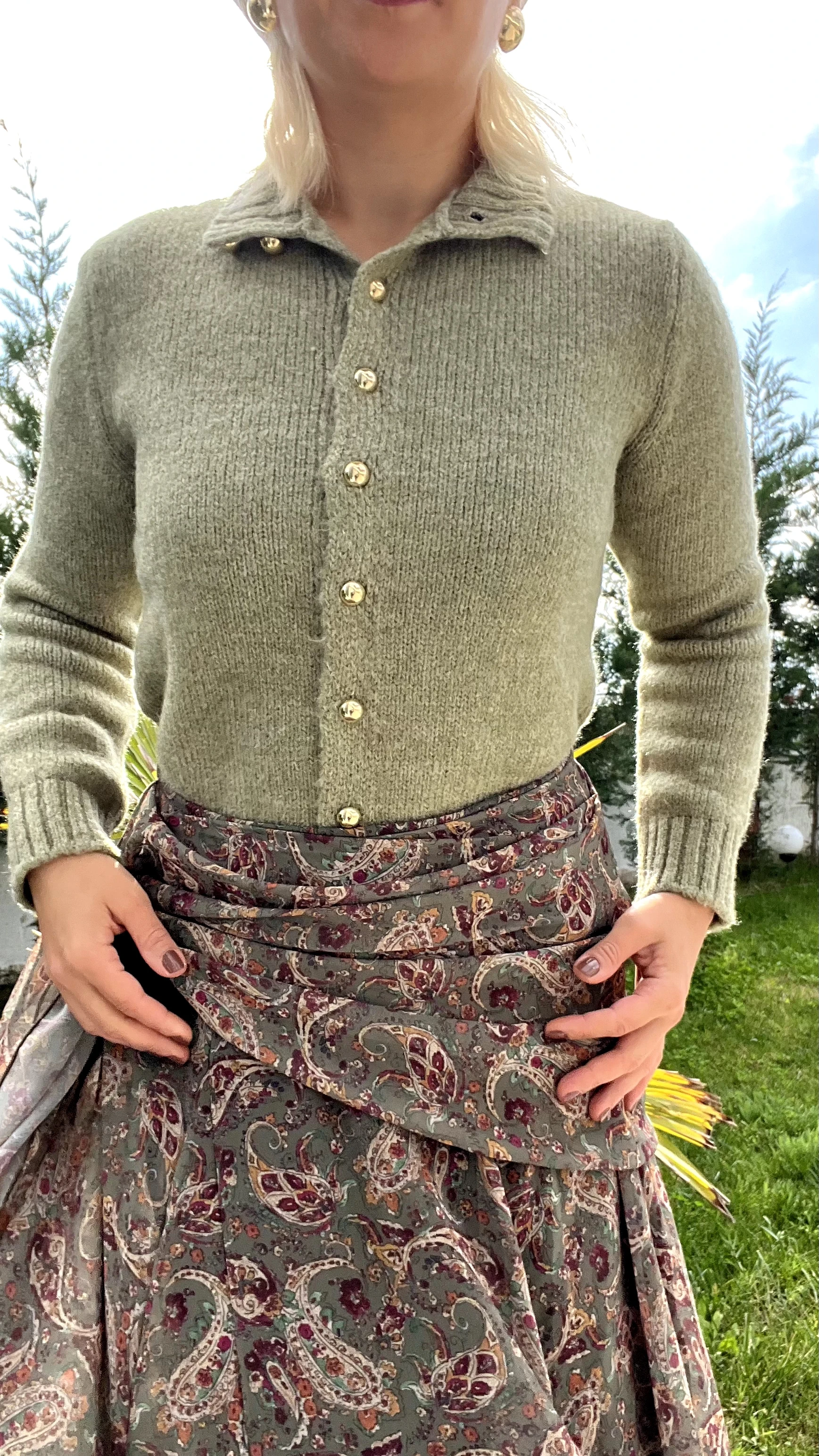 Şal Desen Belden Bağlamalı Şifon Etek Yeşil