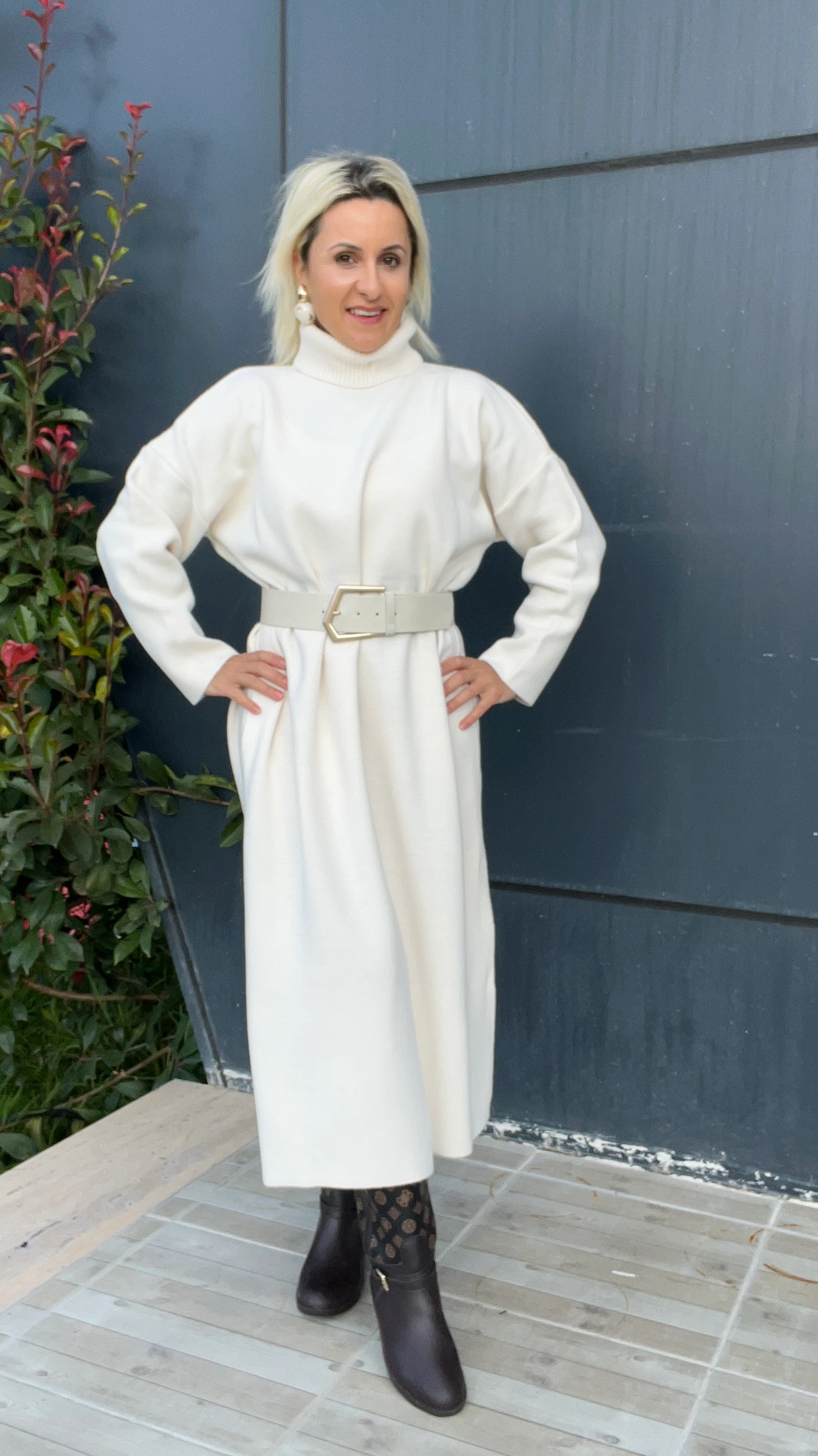 Triko Midi Elbise Krem