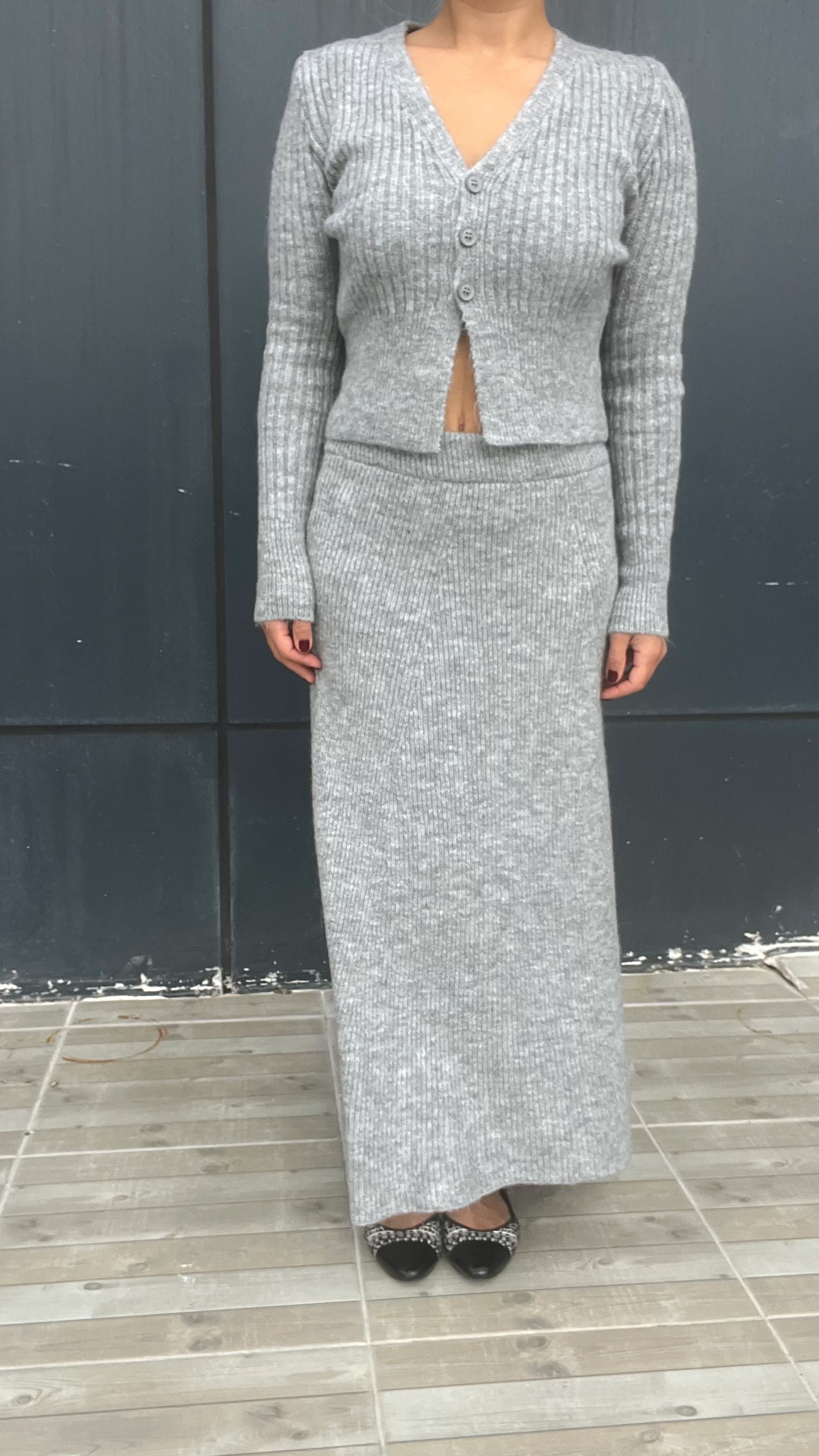 Gri Renk Triko Etek Hırka Takım