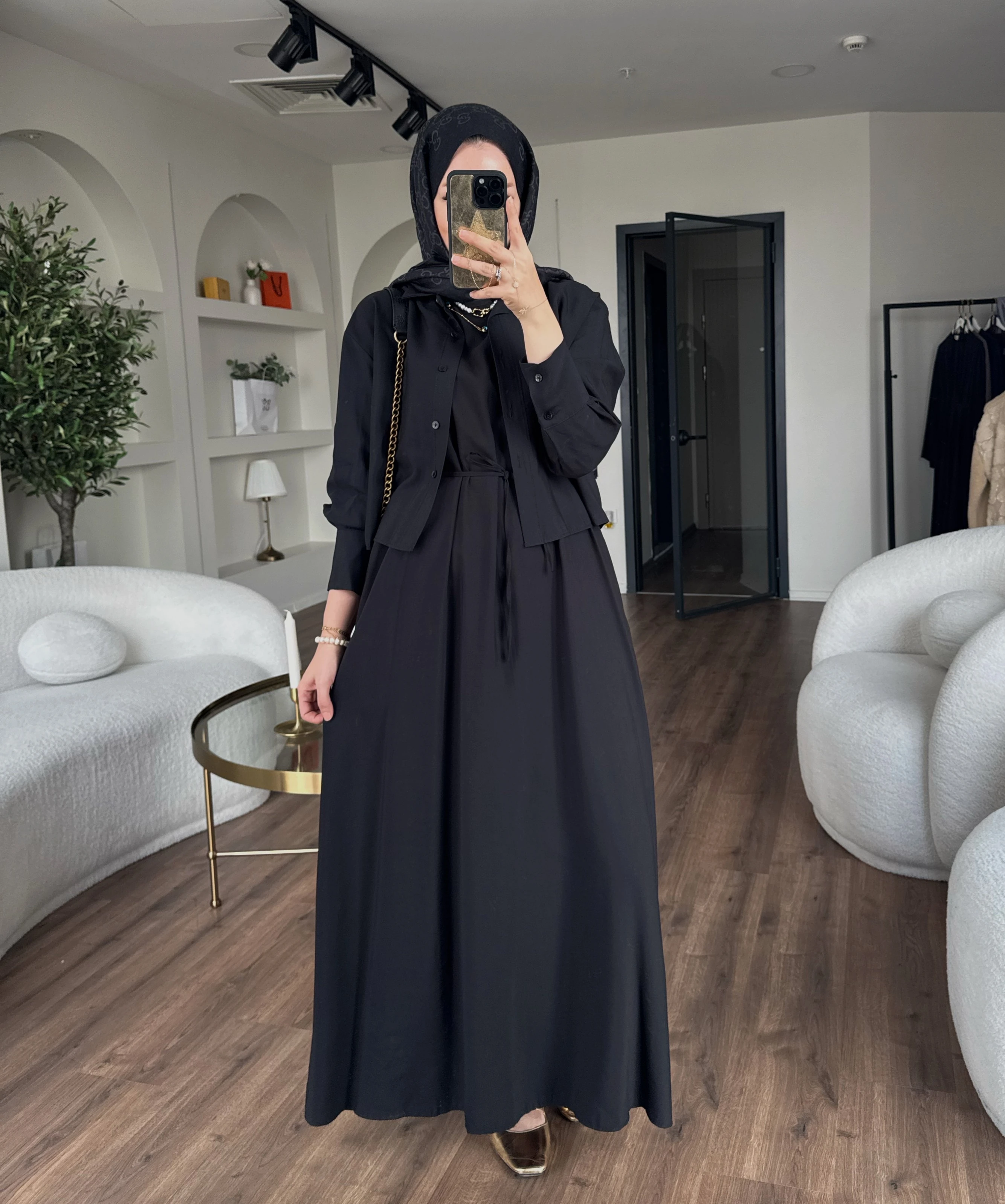 Laren gömlekli elbise - siyah 