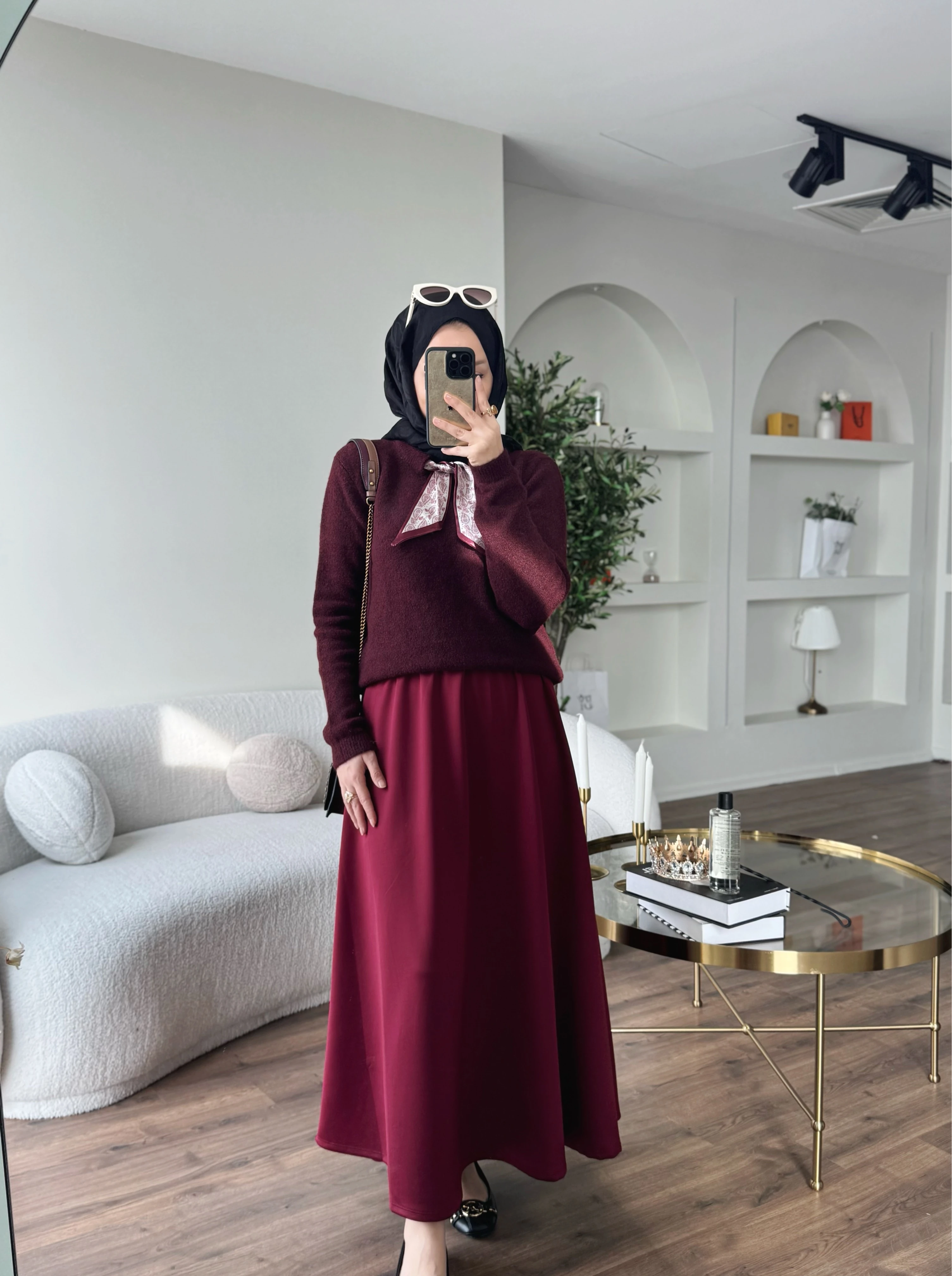 Fularlı triko kazak - bordo