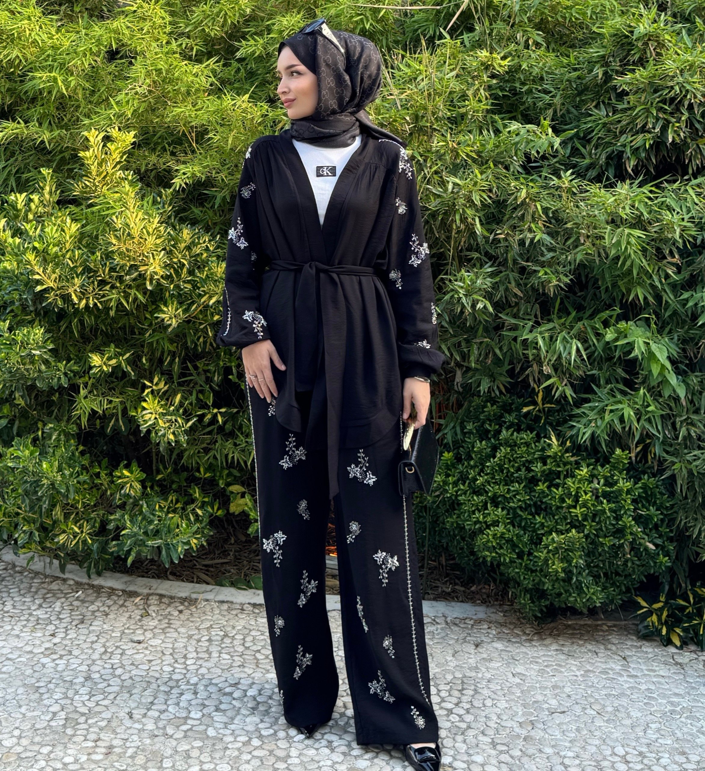 İşlemeli Kimono Takım - Siyah