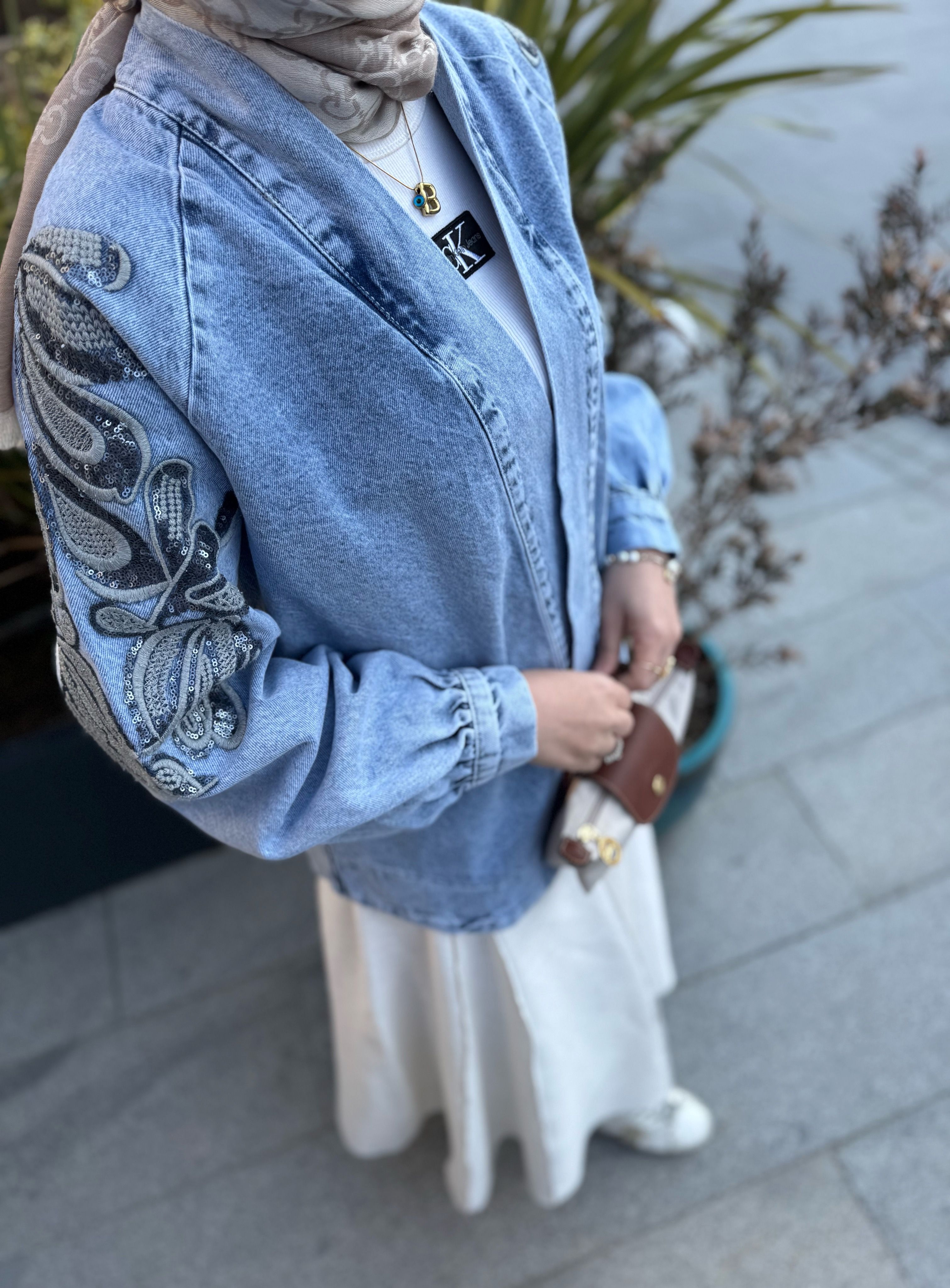 İşlemeli kimono kot ceket 