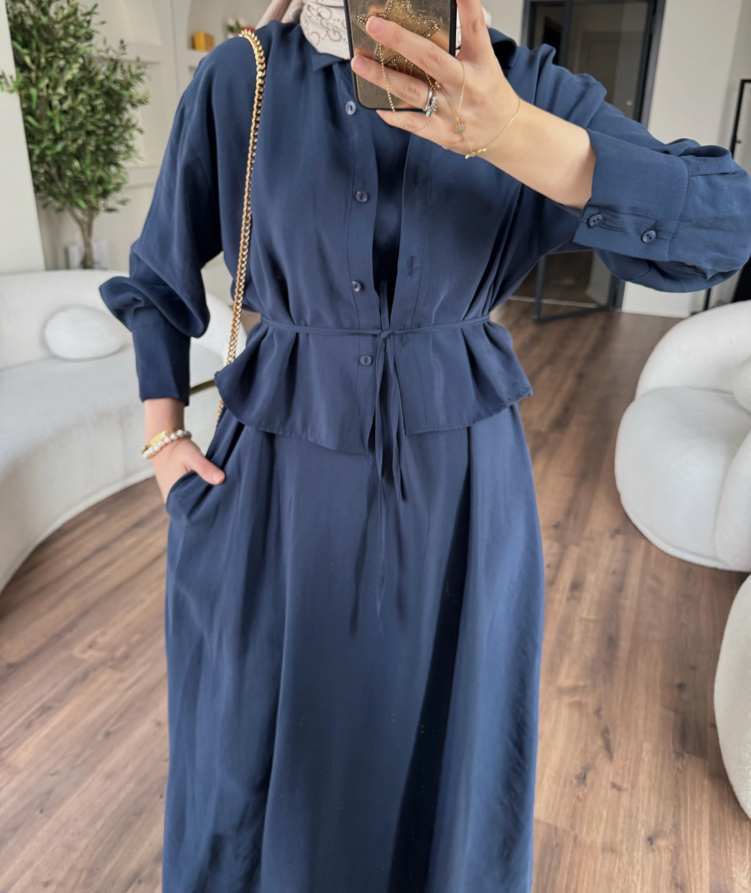 Laren gömlekli elbise - lacivert 