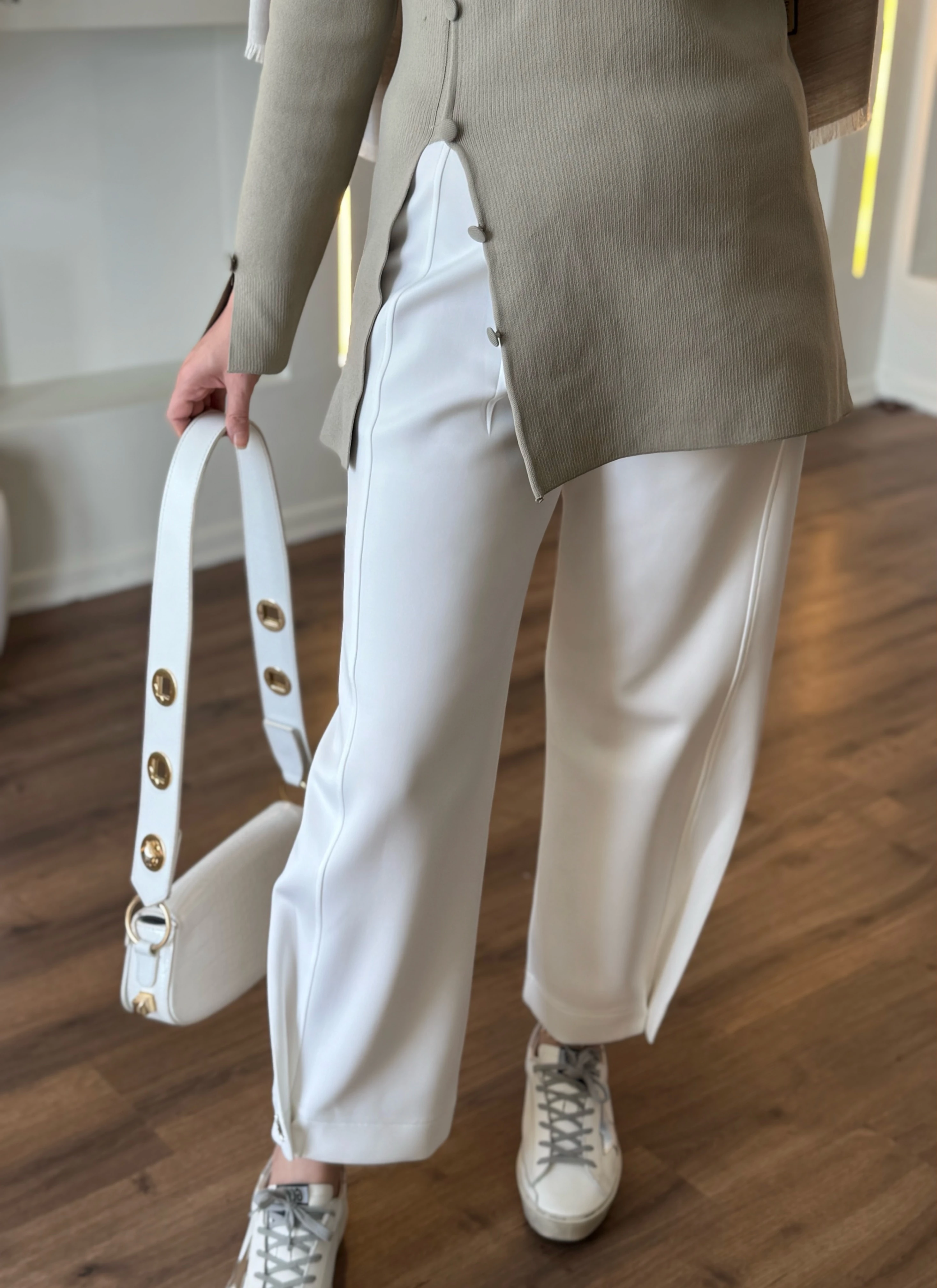 Paçası düğmeli Scuba pantolon - beyaz